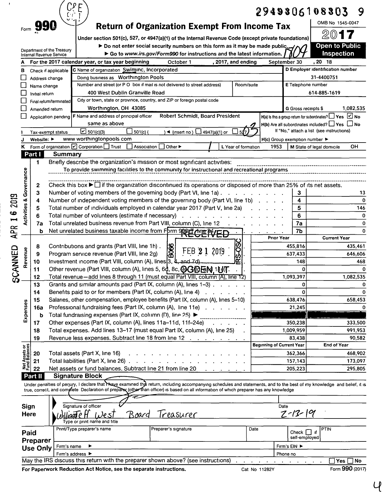 Image of first page of 2017 Form 990 for Worthington Pools