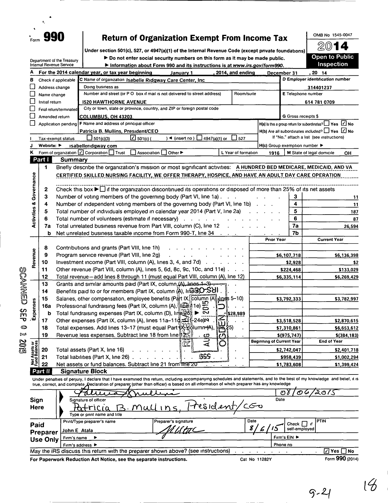 Image of first page of 2014 Form 990O for Isabelle Ridgway Care Center