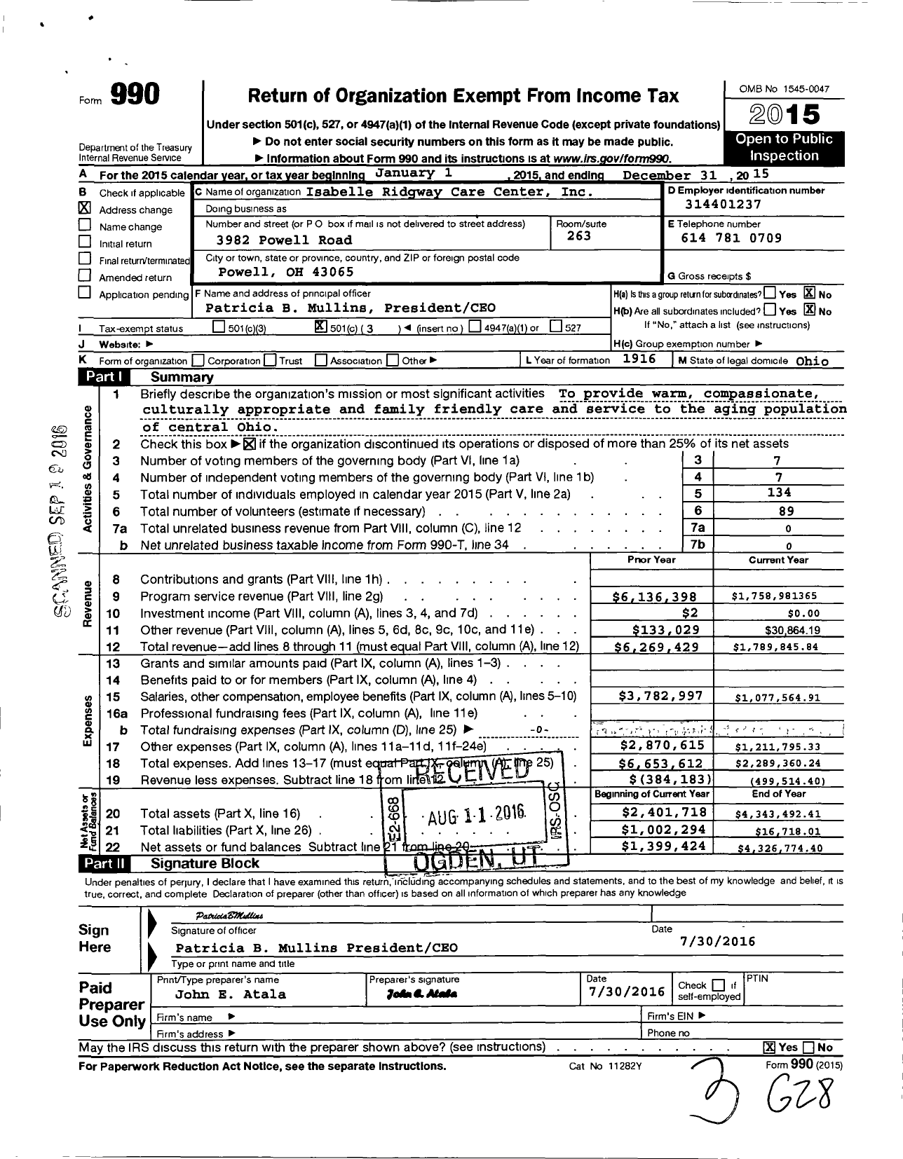 Image of first page of 2015 Form 990 for Isabelle Ridgway Care Center