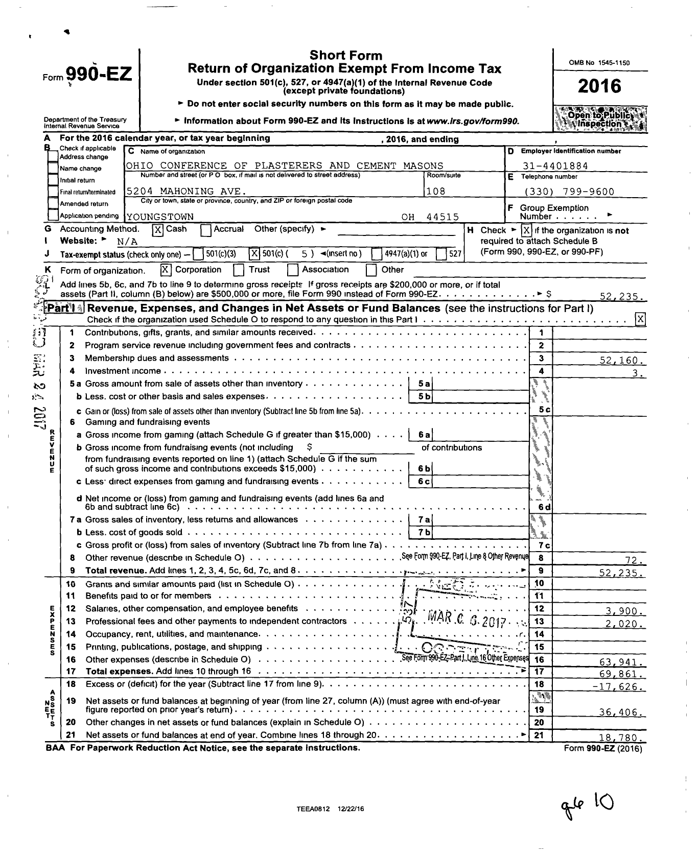 Image of first page of 2016 Form 990EO for Ohio Conference of Plasterers and Cement Masons