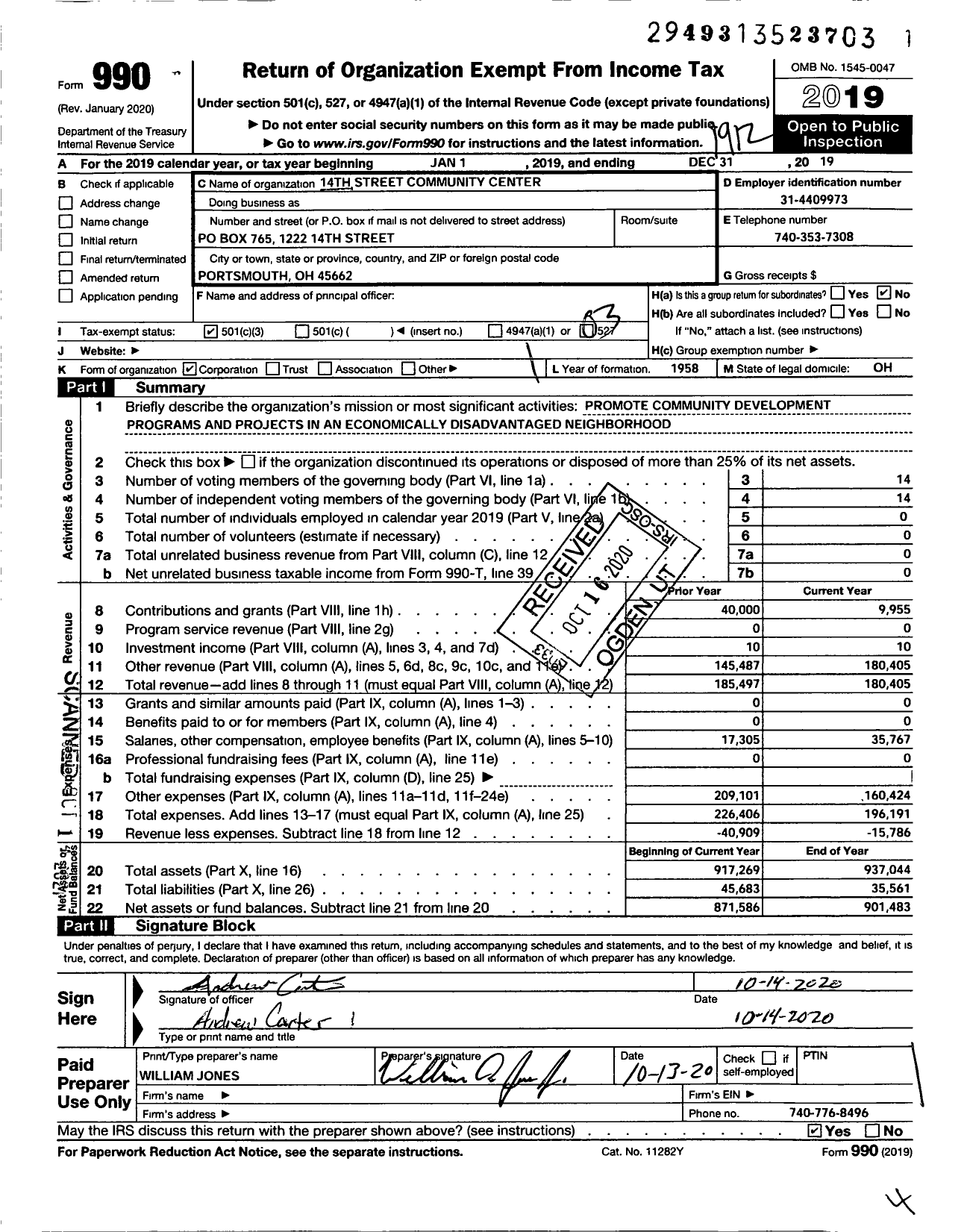 Image of first page of 2019 Form 990 for 14th Street Community Center
