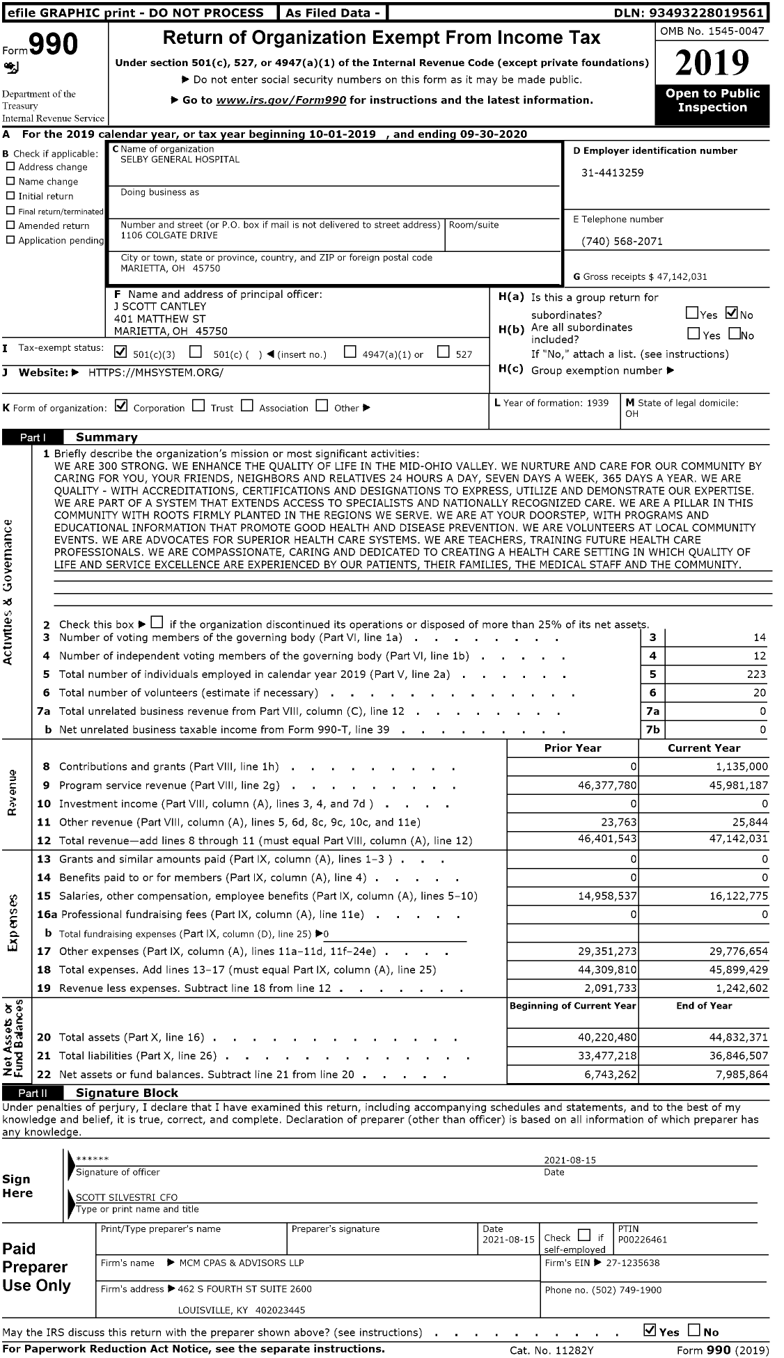 Image of first page of 2019 Form 990 for Selby General Hospital