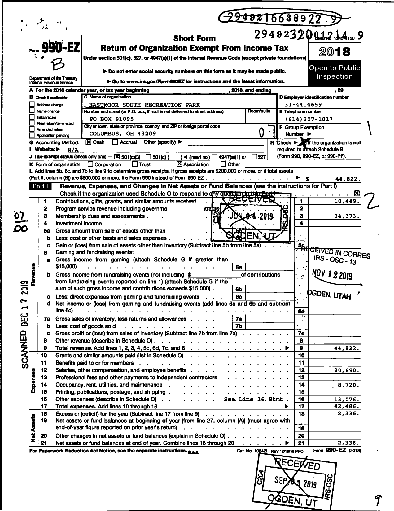 Image of first page of 2018 Form 990EO for Eastmoor South recreation park