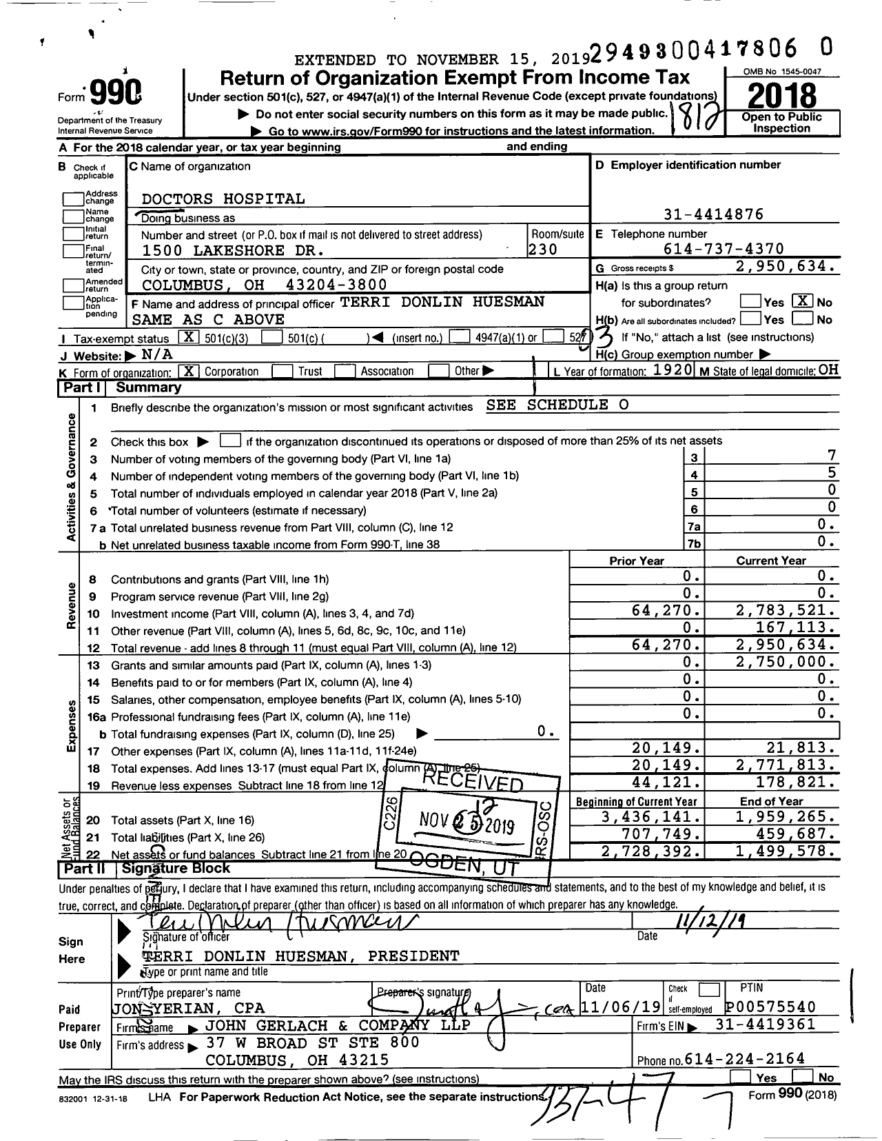 Image of first page of 2018 Form 990 for Doctors Hospital
