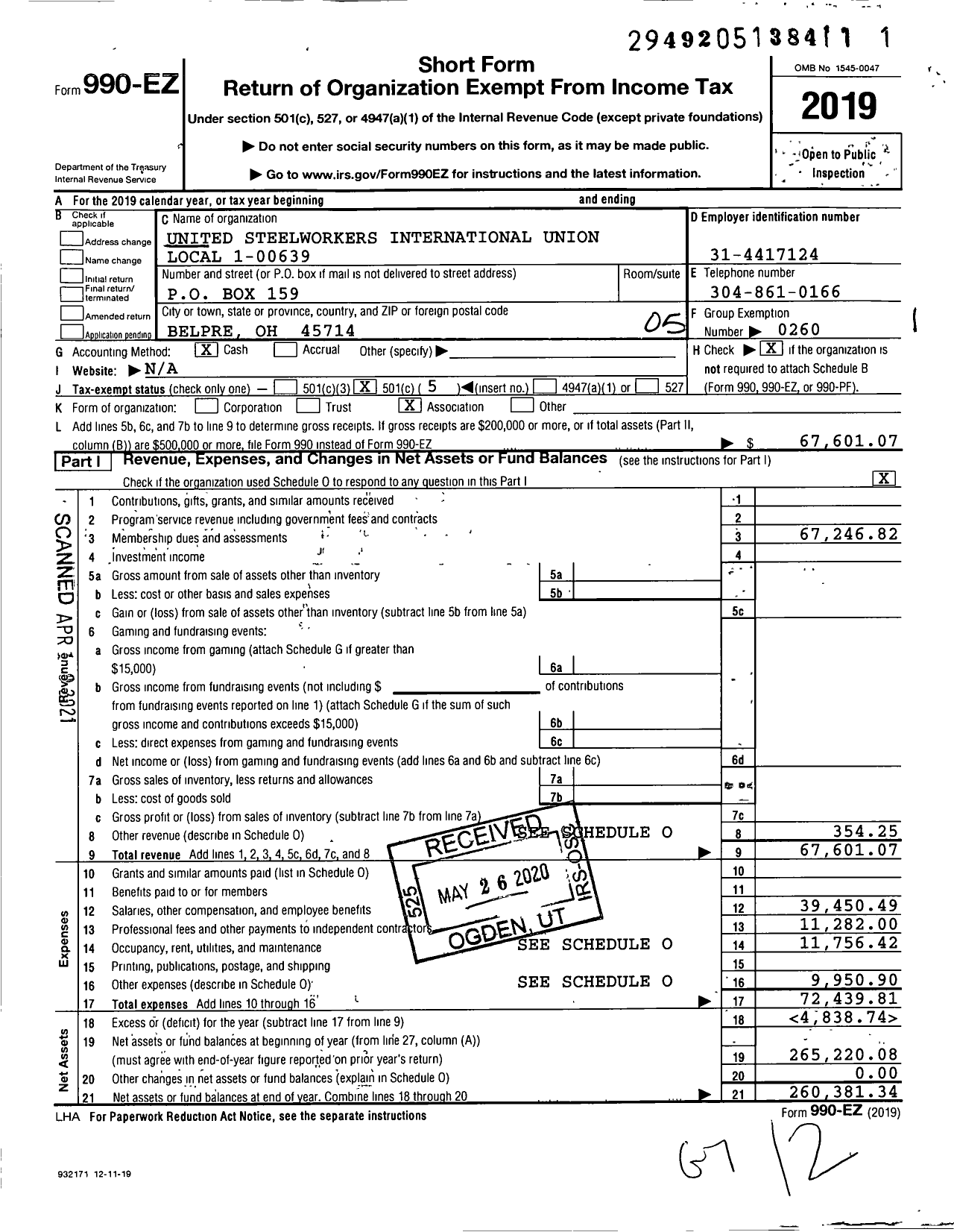 Image of first page of 2019 Form 990EO for United Steelworkers - 1-00639 Local (1-00639 Local)