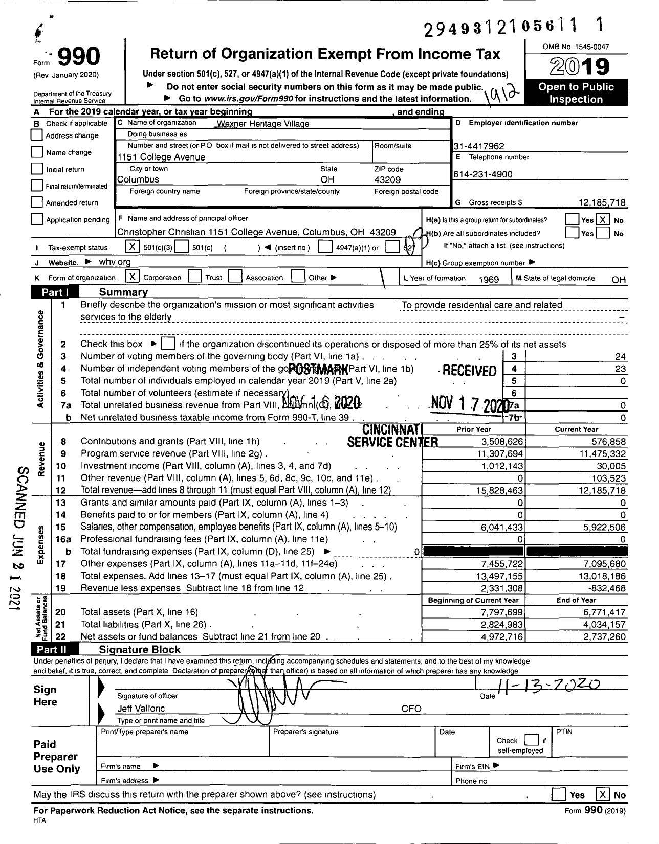 Image of first page of 2019 Form 990 for Wexner Heritage Village