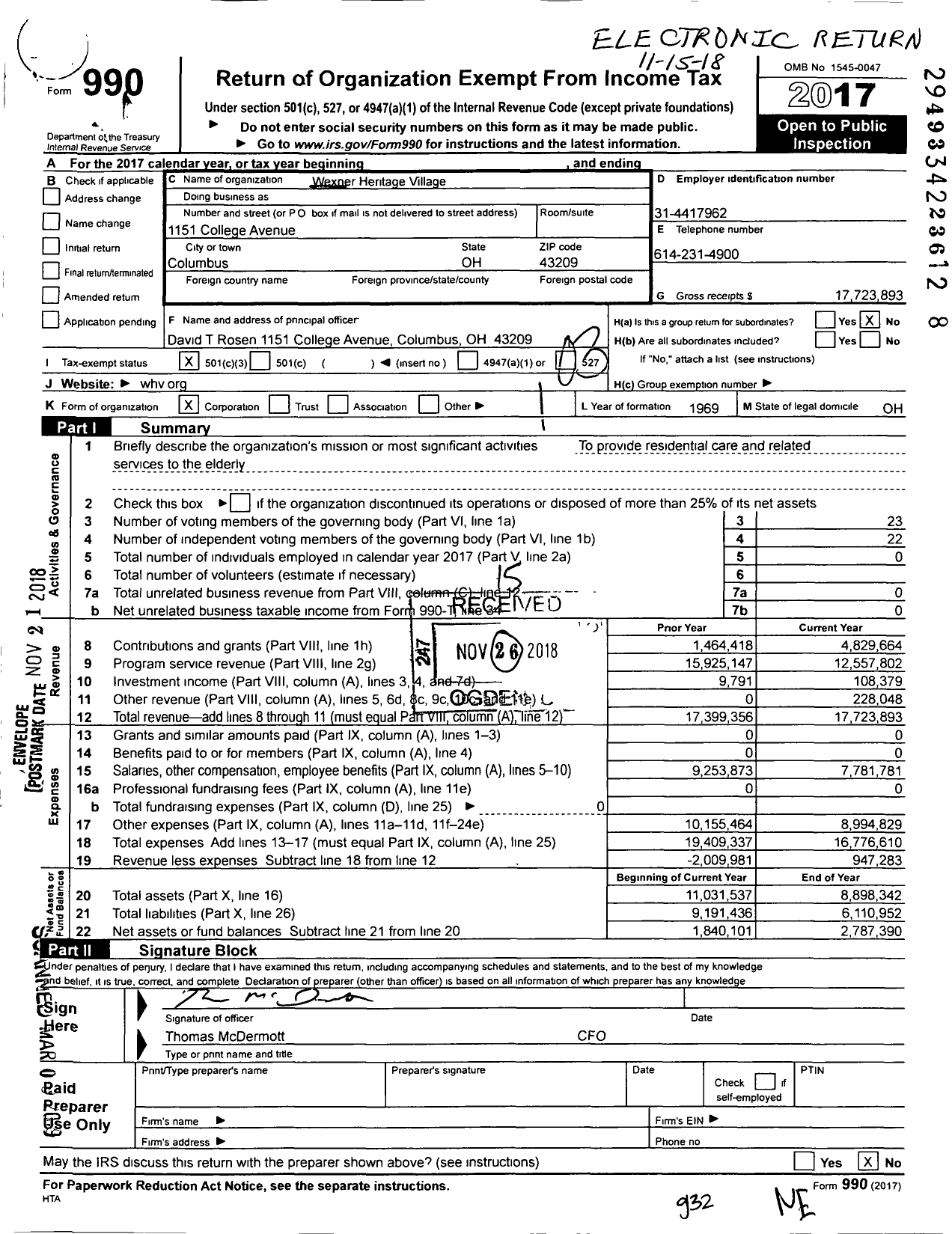 Image of first page of 2017 Form 990 for Wexner Heritage Village