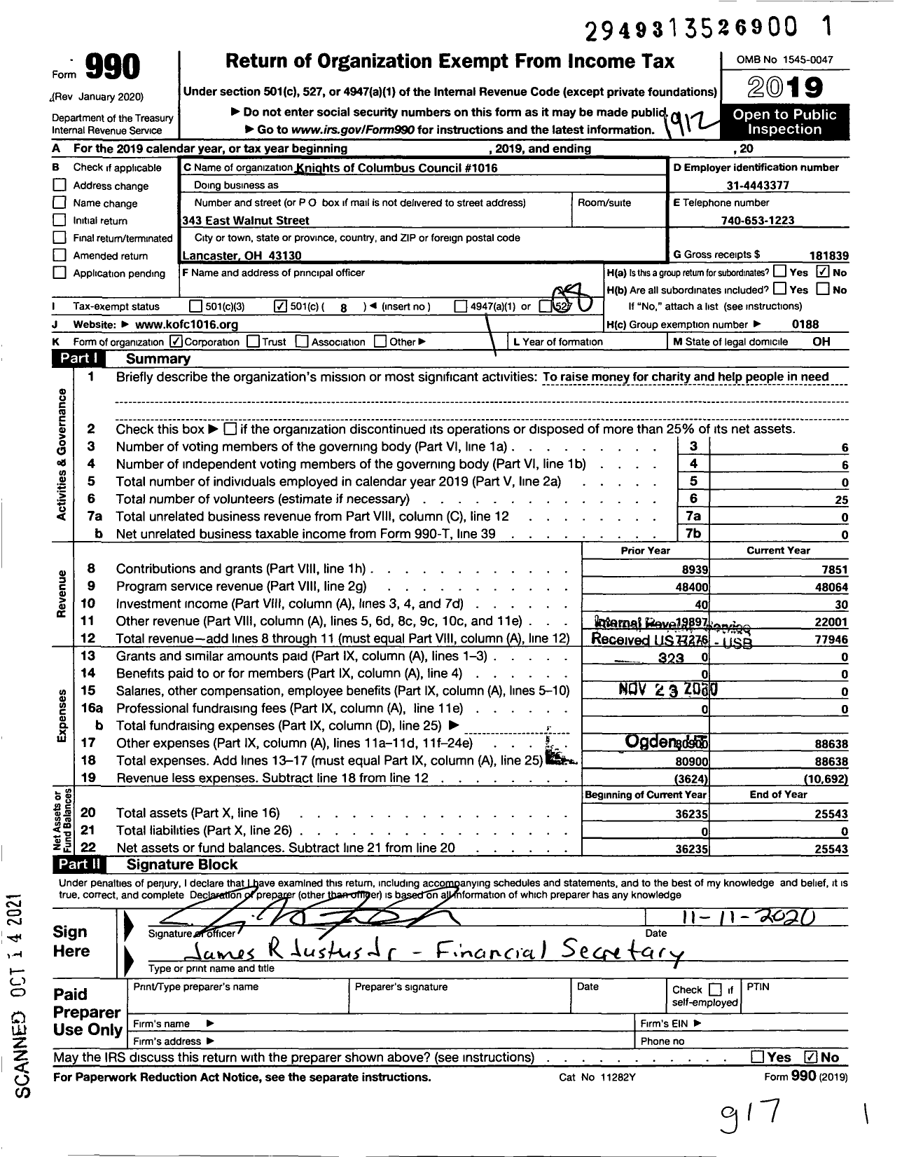 Image of first page of 2019 Form 990O for Knights of Columbus - 1016 Lancaster Council