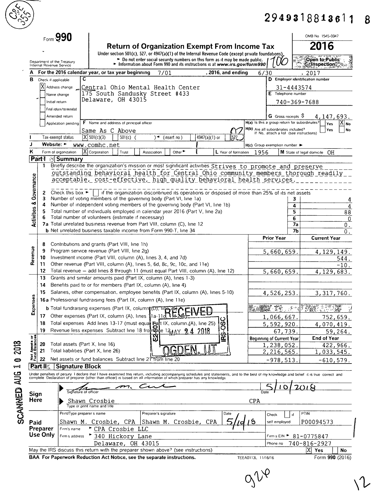 Image of first page of 2016 Form 990 for Central Ohio Mental Health Center