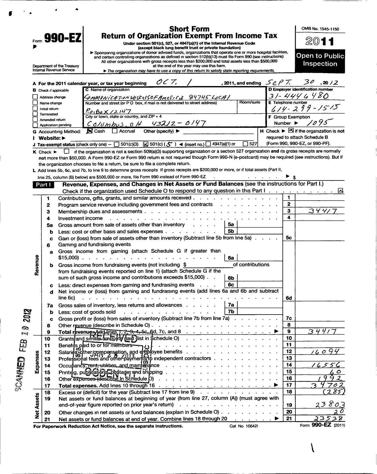 Image of first page of 2011 Form 990EO for Communications Workers of America - 84745 Local