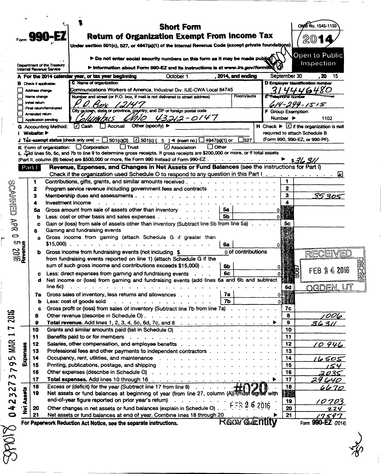 Image of first page of 2014 Form 990EO for Communications Workers of America - 84745 Local