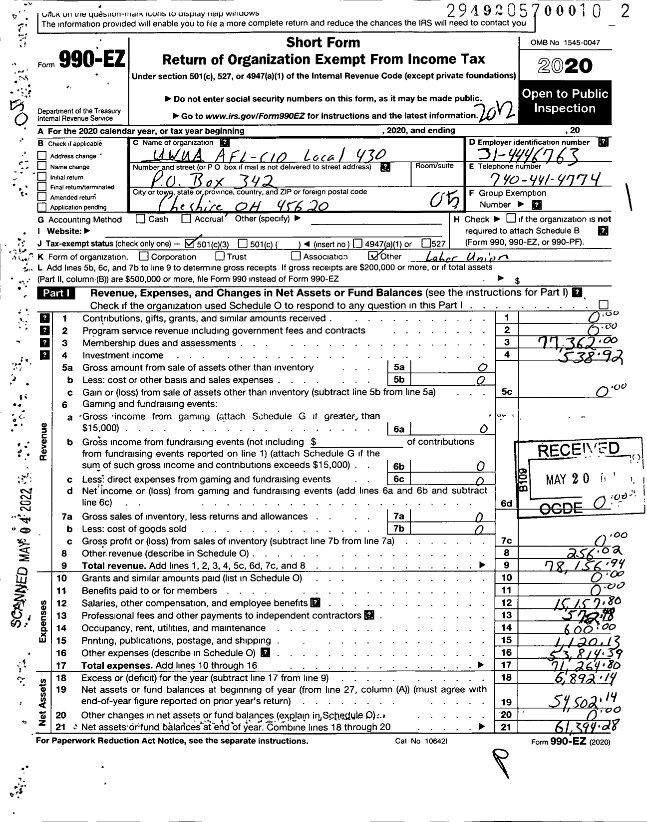 Image of first page of 2020 Form 990EO for Utility Workers Union of America - 430 Uwua