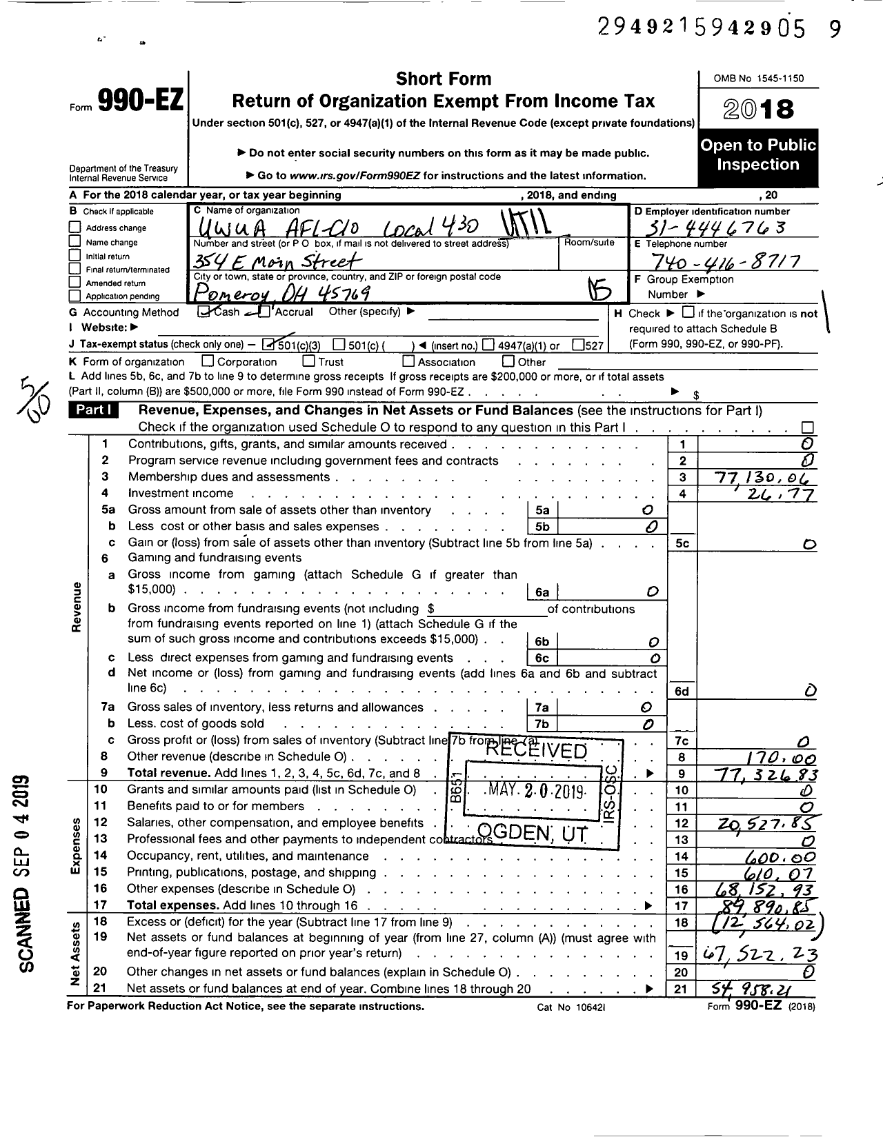 Image of first page of 2018 Form 990EO for Utility Workers Union of America - 430 Uwua