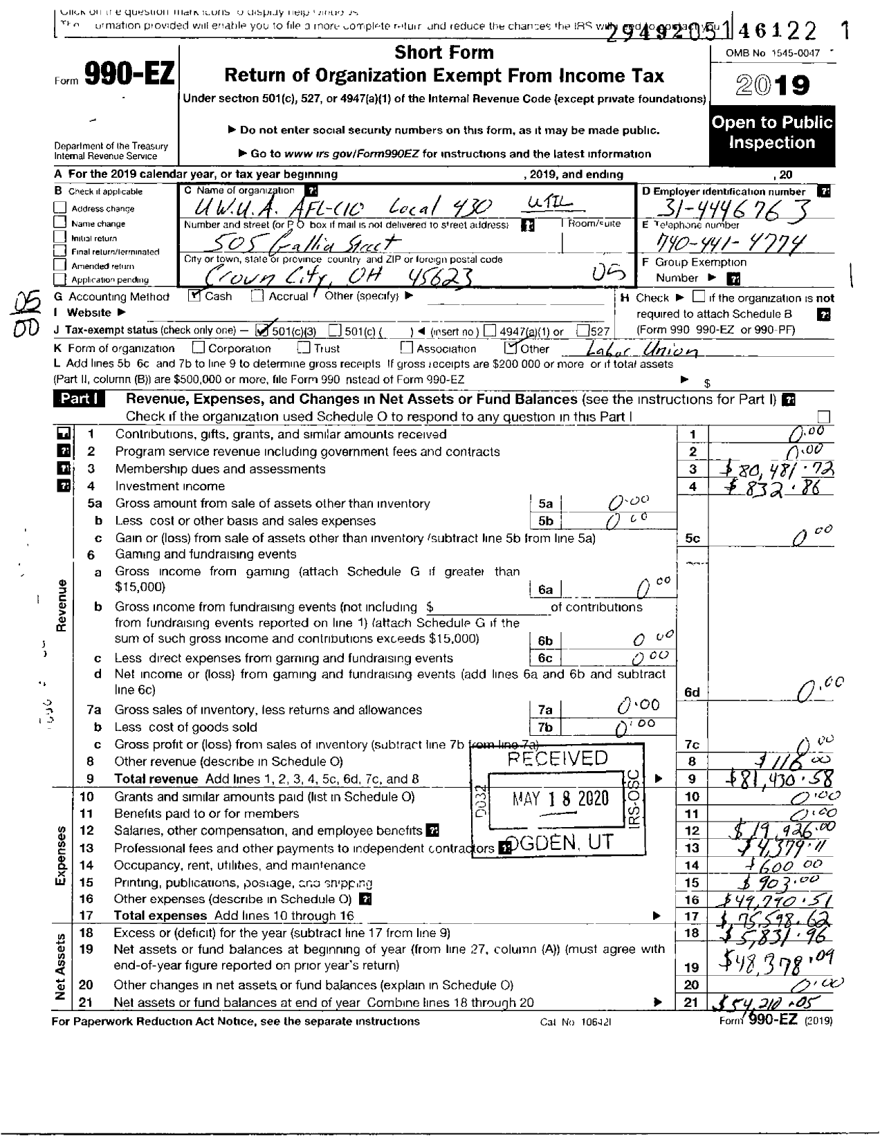 Image of first page of 2019 Form 990EO for Utility Workers Union of America - 430 Uwua