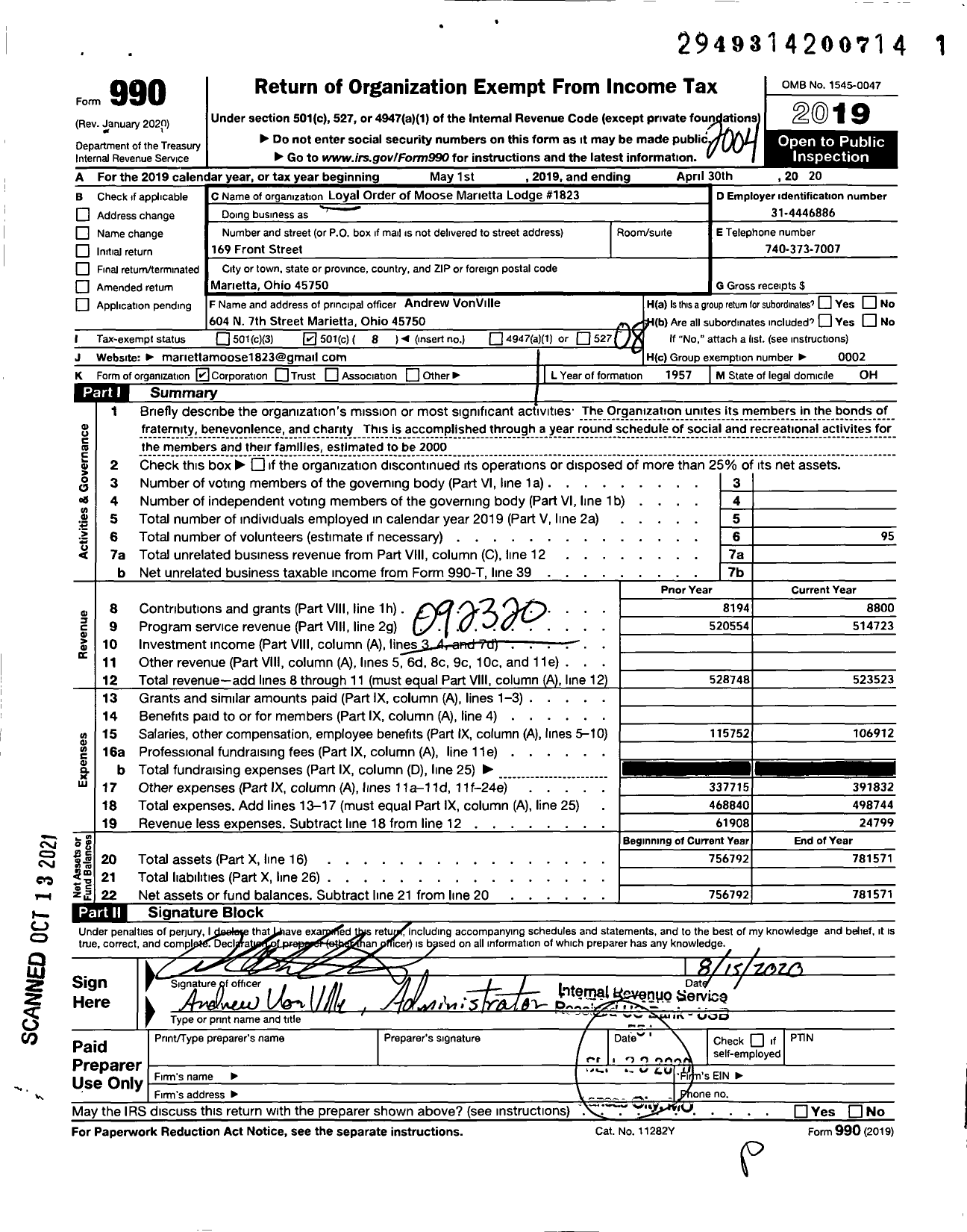 Image of first page of 2019 Form 990O for Loyal Order of Moose - 1823