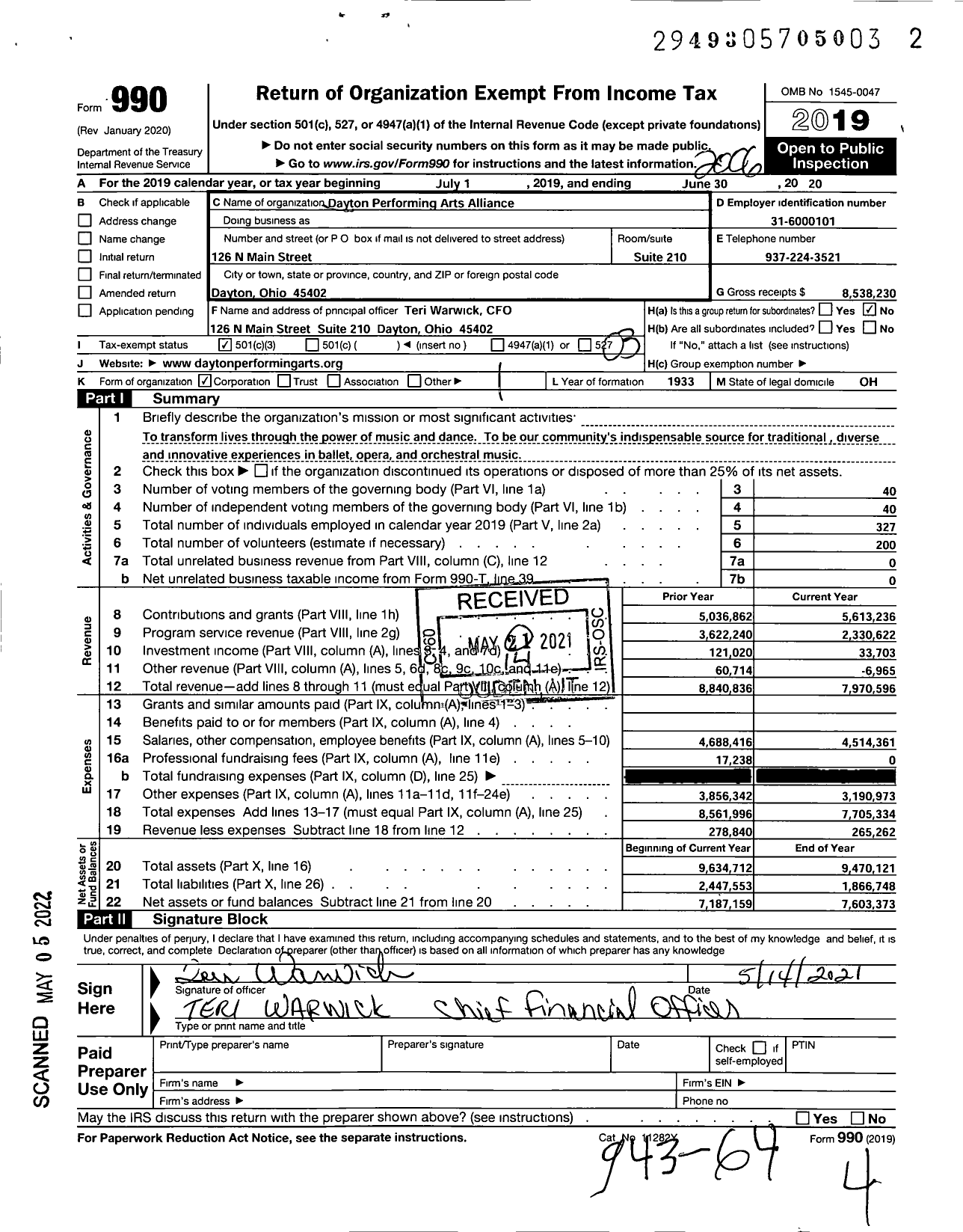 Image of first page of 2019 Form 990 for Dayton Performing Arts Alliance