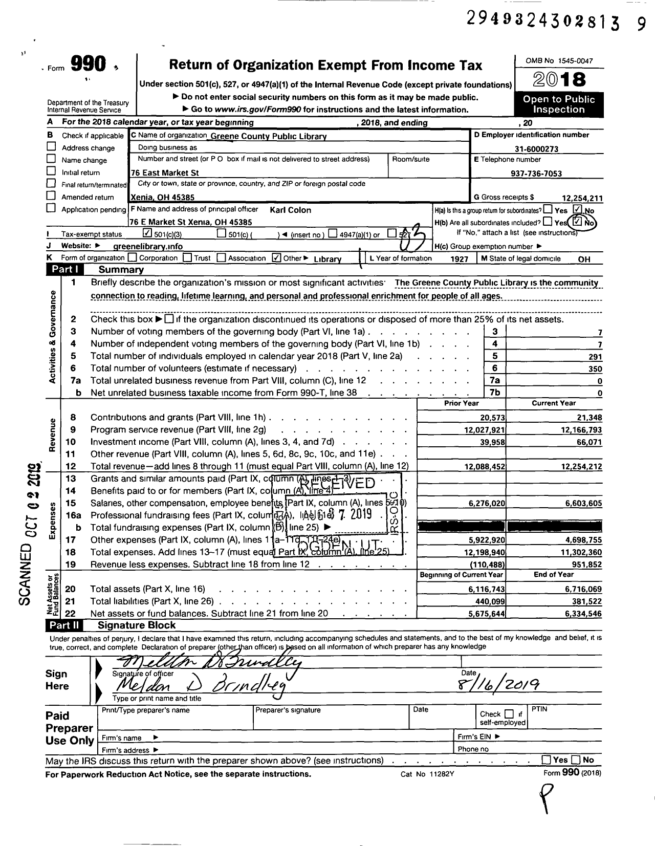 Image of first page of 2018 Form 990 for Greene County Public Library