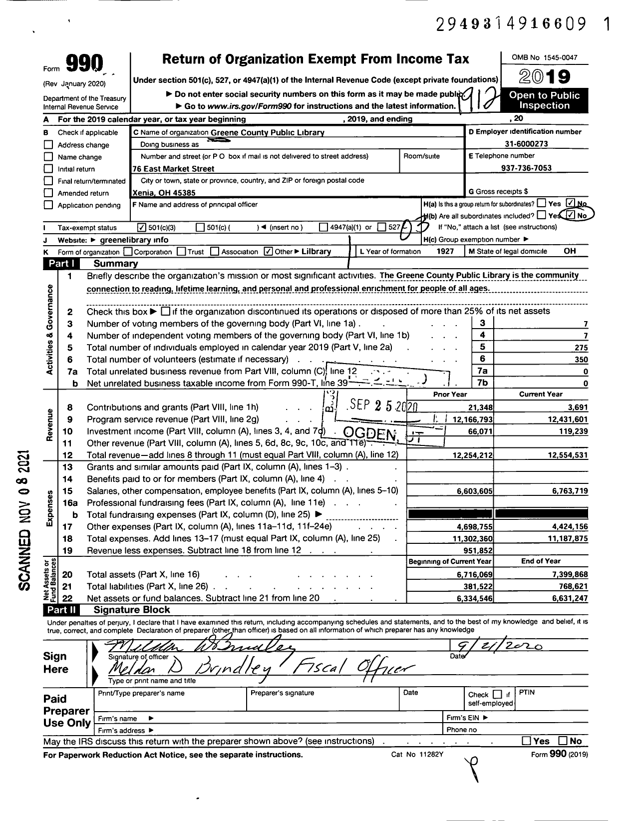 Image of first page of 2019 Form 990 for Greene County Public Library