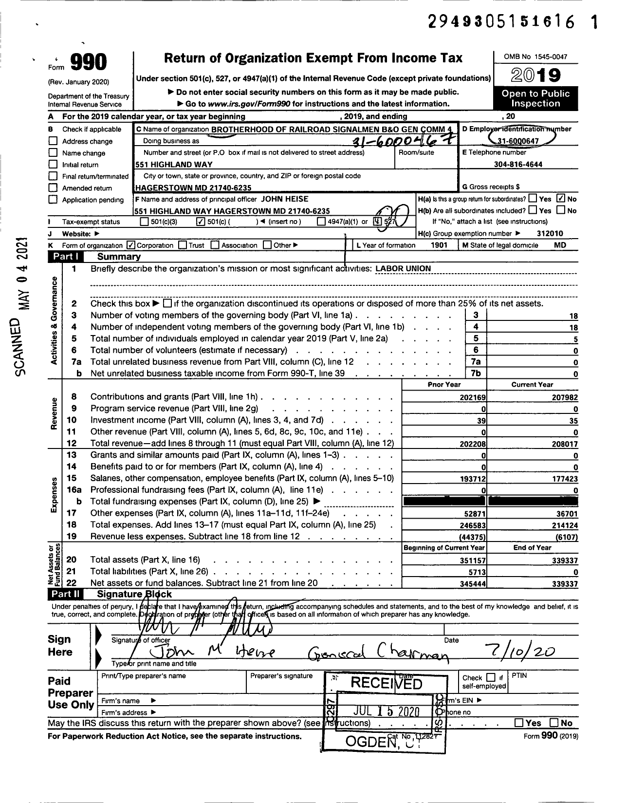 Image of first page of 2019 Form 990O for B&O General Committee 4