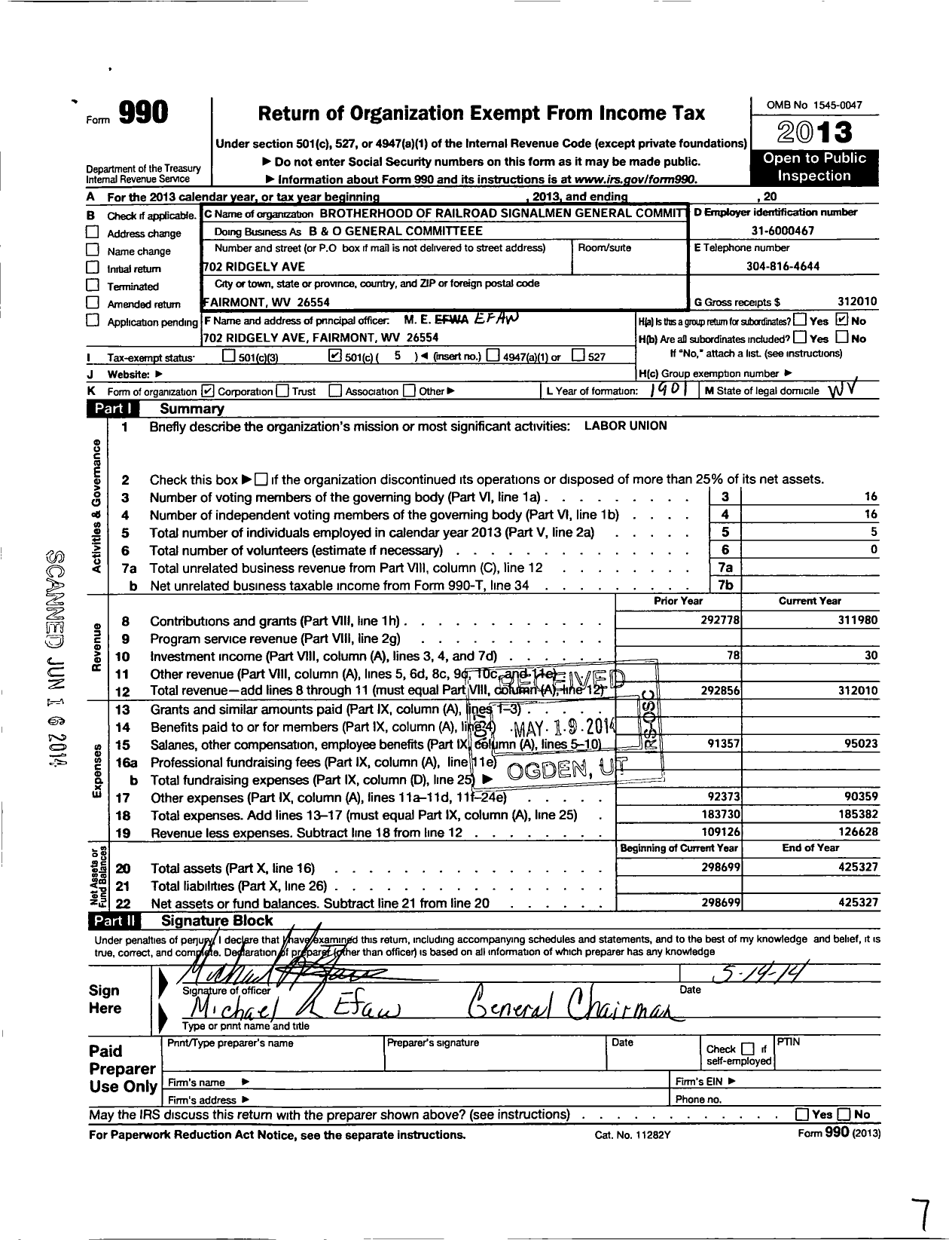 Image of first page of 2013 Form 990O for B&O General Committee 4
