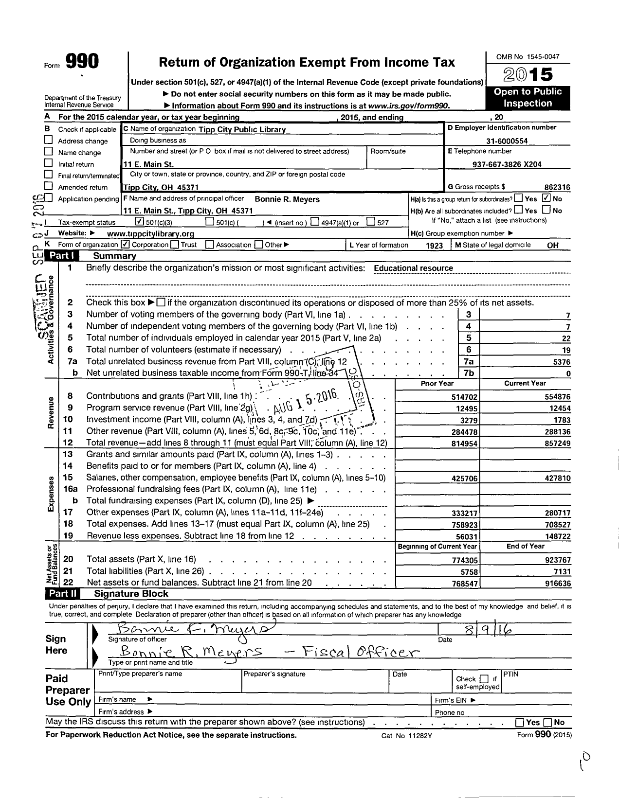 Image of first page of 2015 Form 990 for Tipp City Public Library