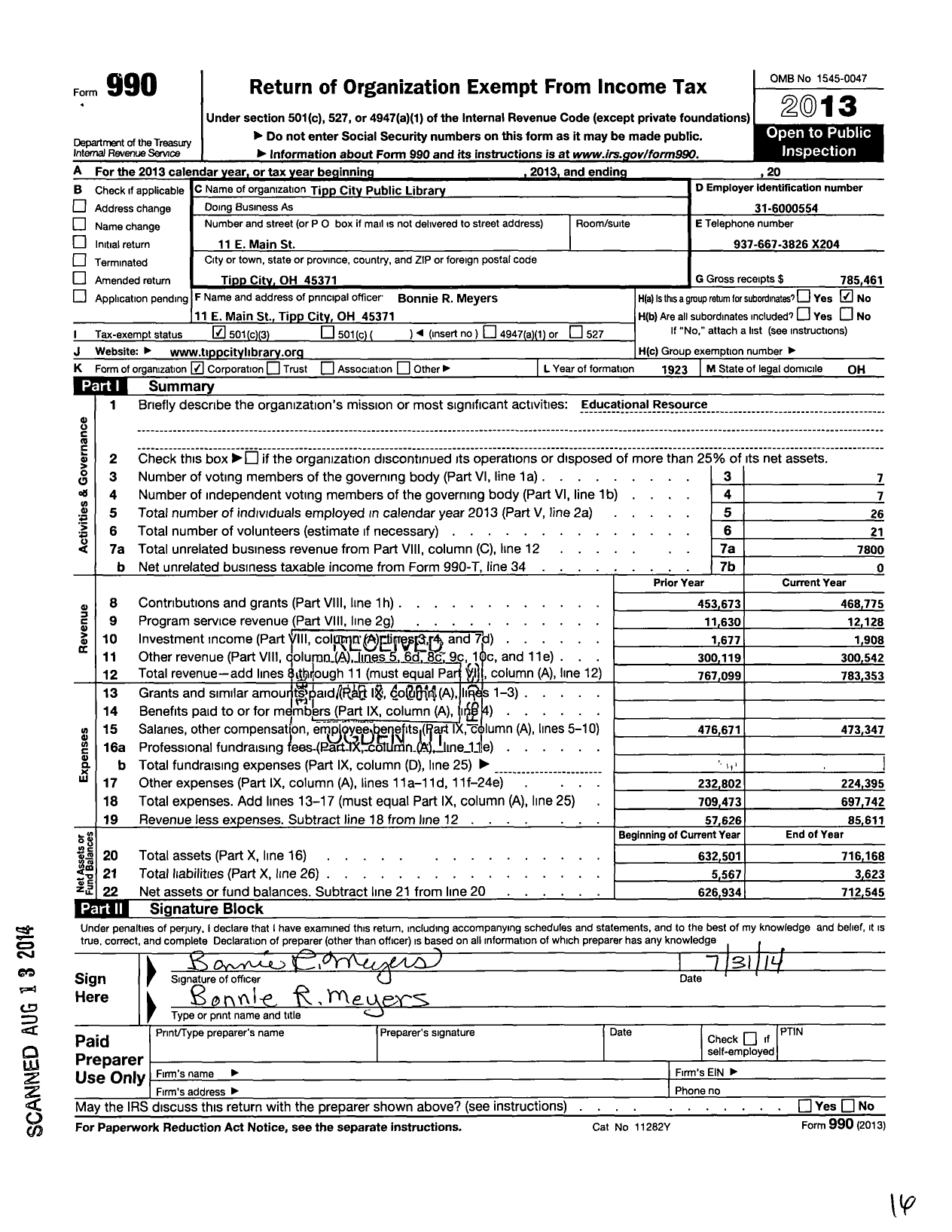 Image of first page of 2013 Form 990 for Tipp City Public Library