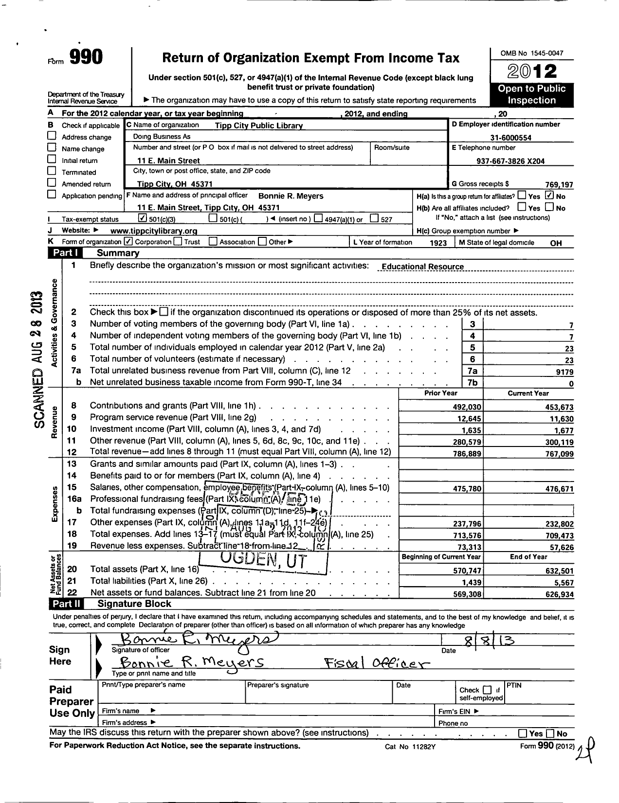 Image of first page of 2012 Form 990 for Tipp City Public Library