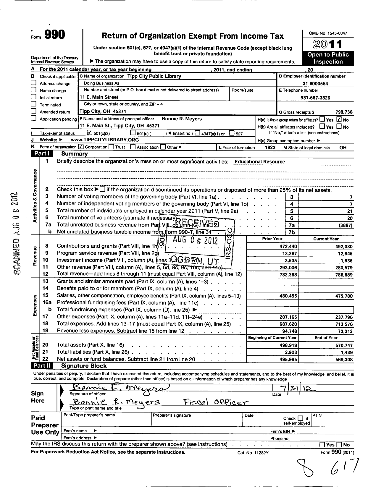 Image of first page of 2011 Form 990 for Tipp City Public Library