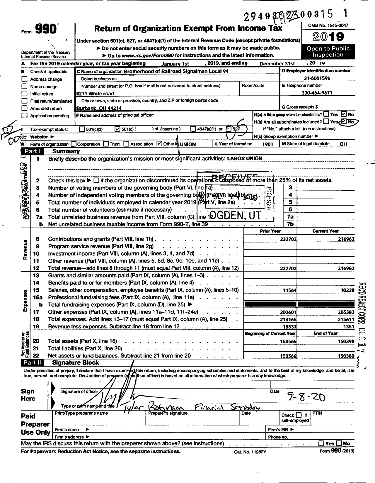 Image of first page of 2019 Form 990O for Brotherhood of Railroad Signalmen - 94 Winton Local