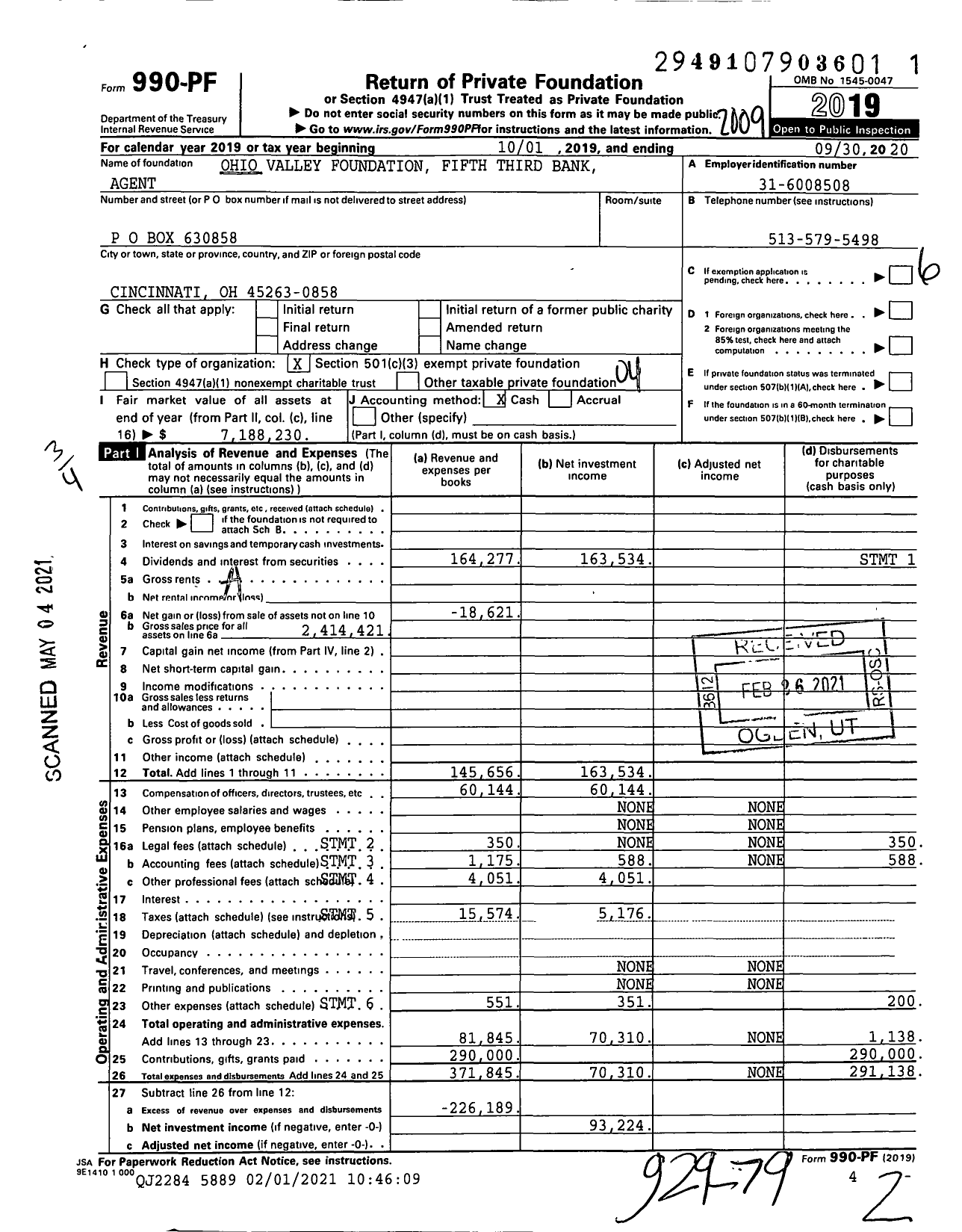 Image of first page of 2019 Form 990PF for Ohio Valley Foundation Fifth Third Bank