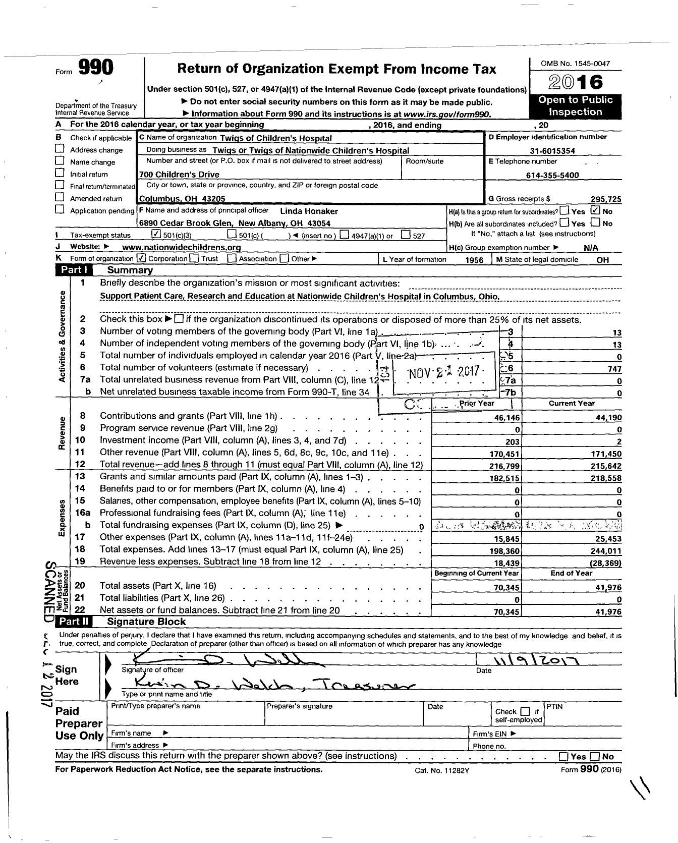 Image of first page of 2016 Form 990 for Twigs of Nationwide Childrens Hospital Twigs