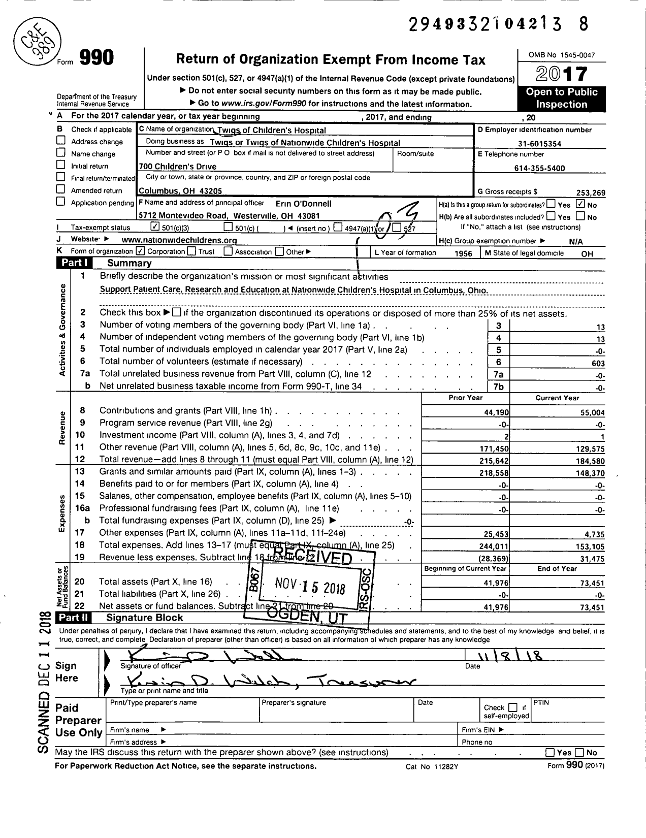 Image of first page of 2017 Form 990 for Twigs of Nationwide Childrens Hospital Twigs