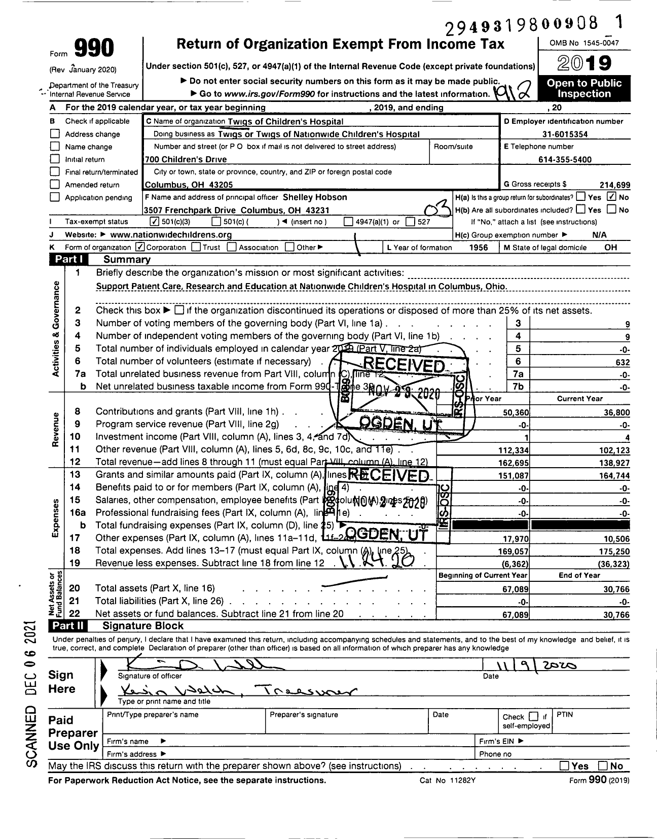 Image of first page of 2019 Form 990 for Twigs of Nationwide Childrens Hospital Twigs