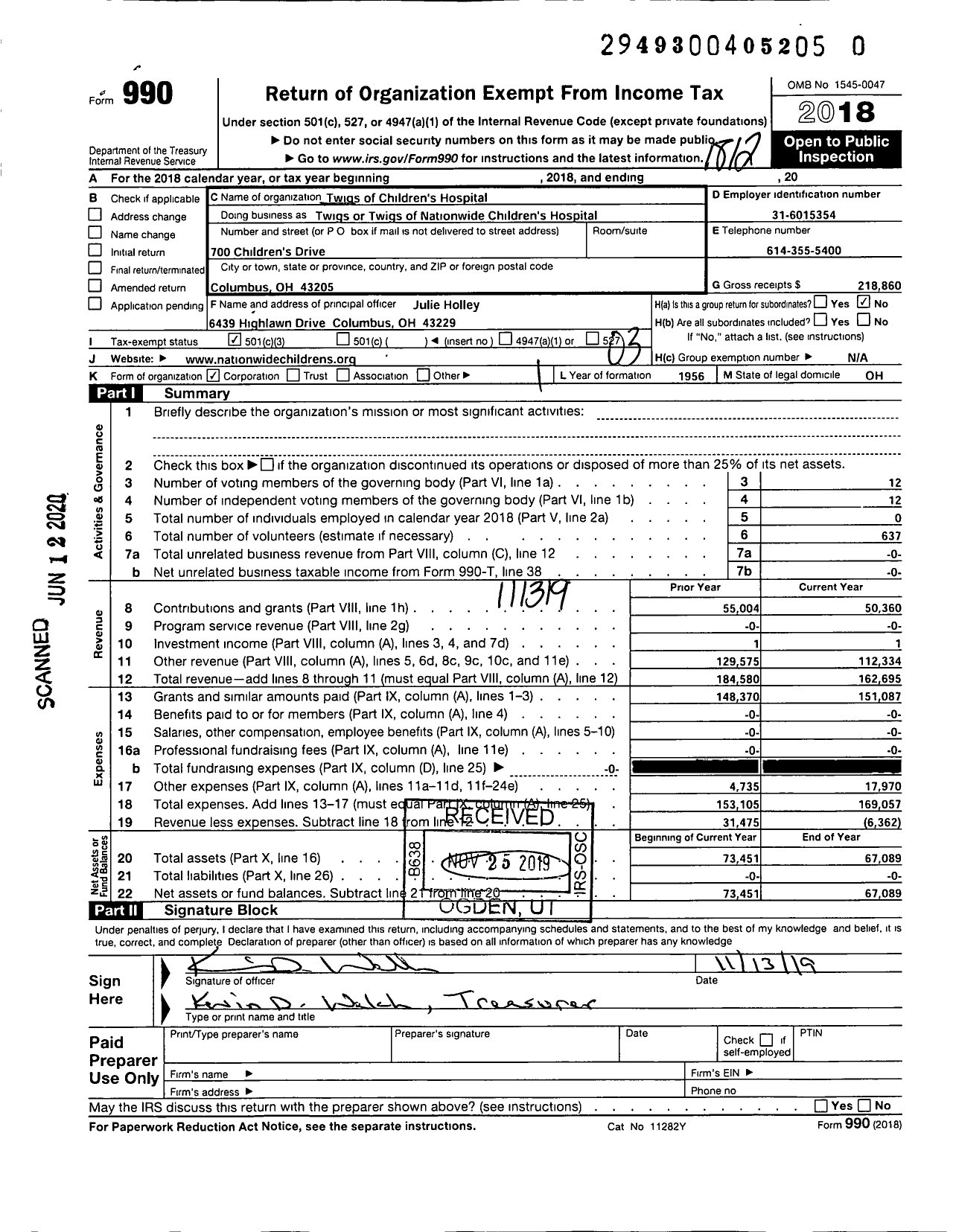 Image of first page of 2018 Form 990 for Twigs of Nationwide Childrens Hospital Twigs