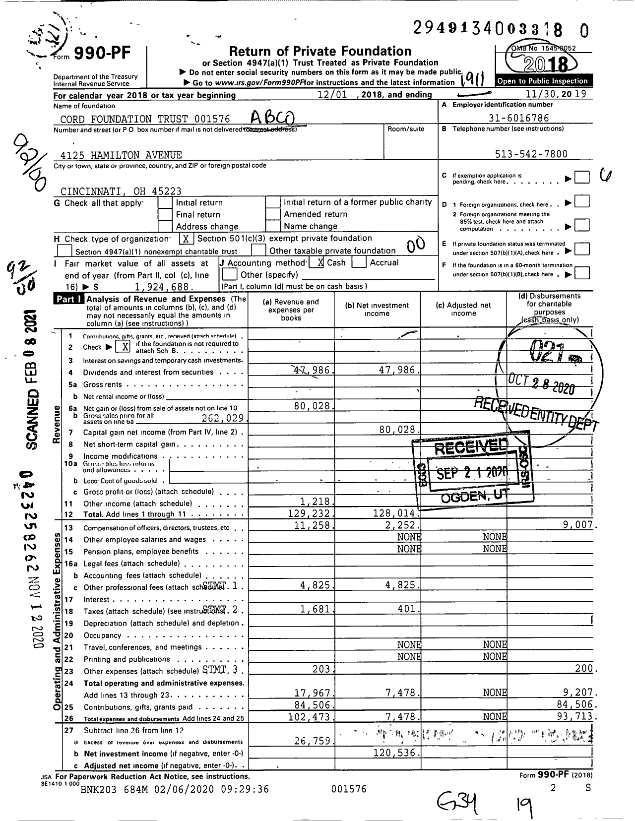 Image of first page of 2018 Form 990PF for Ab Cord Charitable Foundation TR Nect 001576