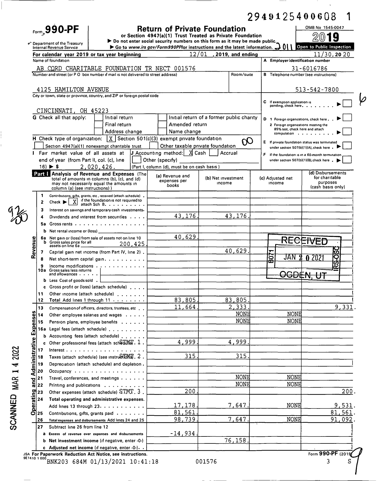 Image of first page of 2019 Form 990PF for Ab Cord Charitable Foundation TR Nect 001576