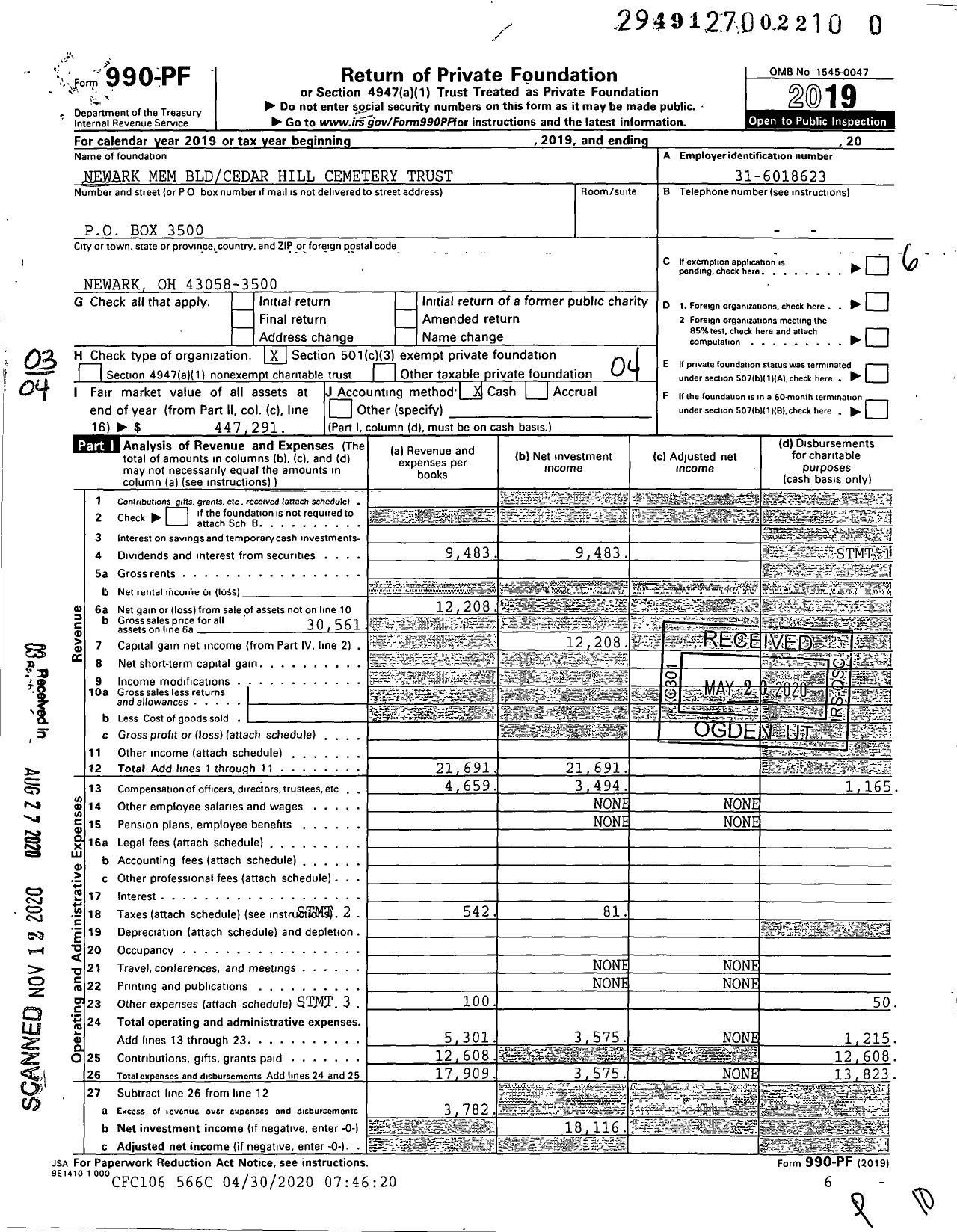 Image of first page of 2019 Form 990PF for Newark Mem Bldcedar Hill Cemetery Trust