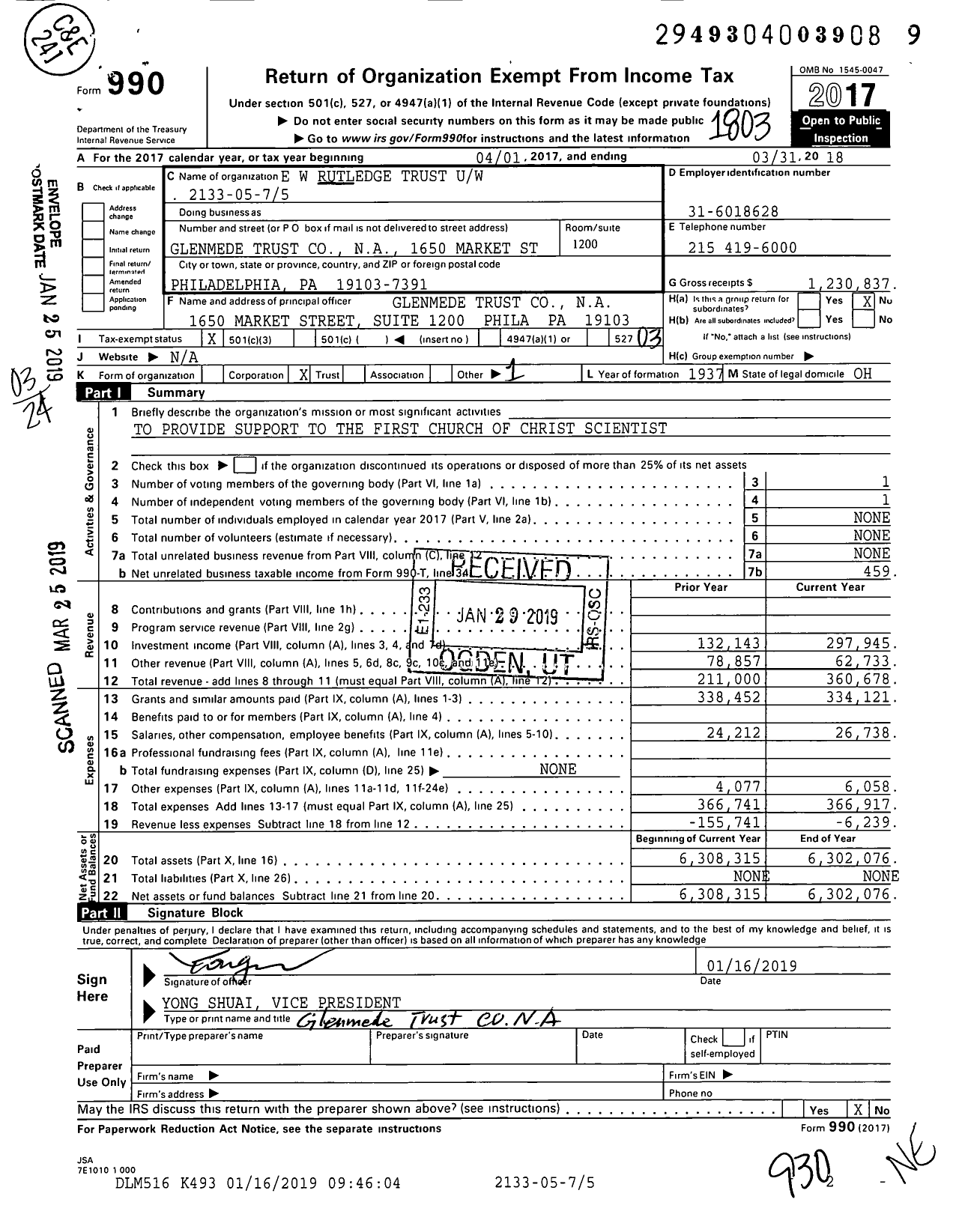 Image of first page of 2017 Form 990 for E W Rutledge Trust Uw 2133-05-75