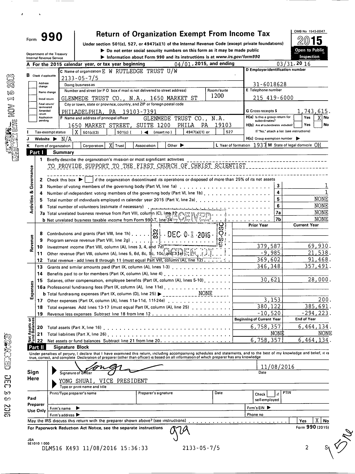 Image of first page of 2015 Form 990 for E W Rutledge Trust Uw 2133-05-75