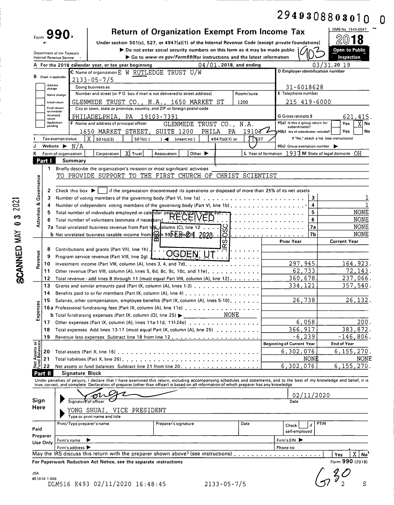 Image of first page of 2018 Form 990 for E W Rutledge Trust Uw 2133-05-75