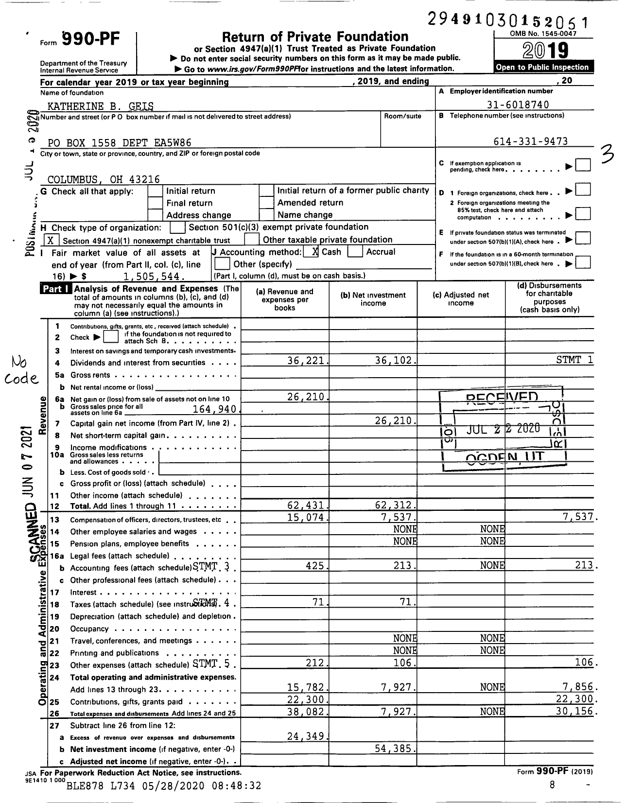 Image of first page of 2019 Form 990PF for Katherine B Geis