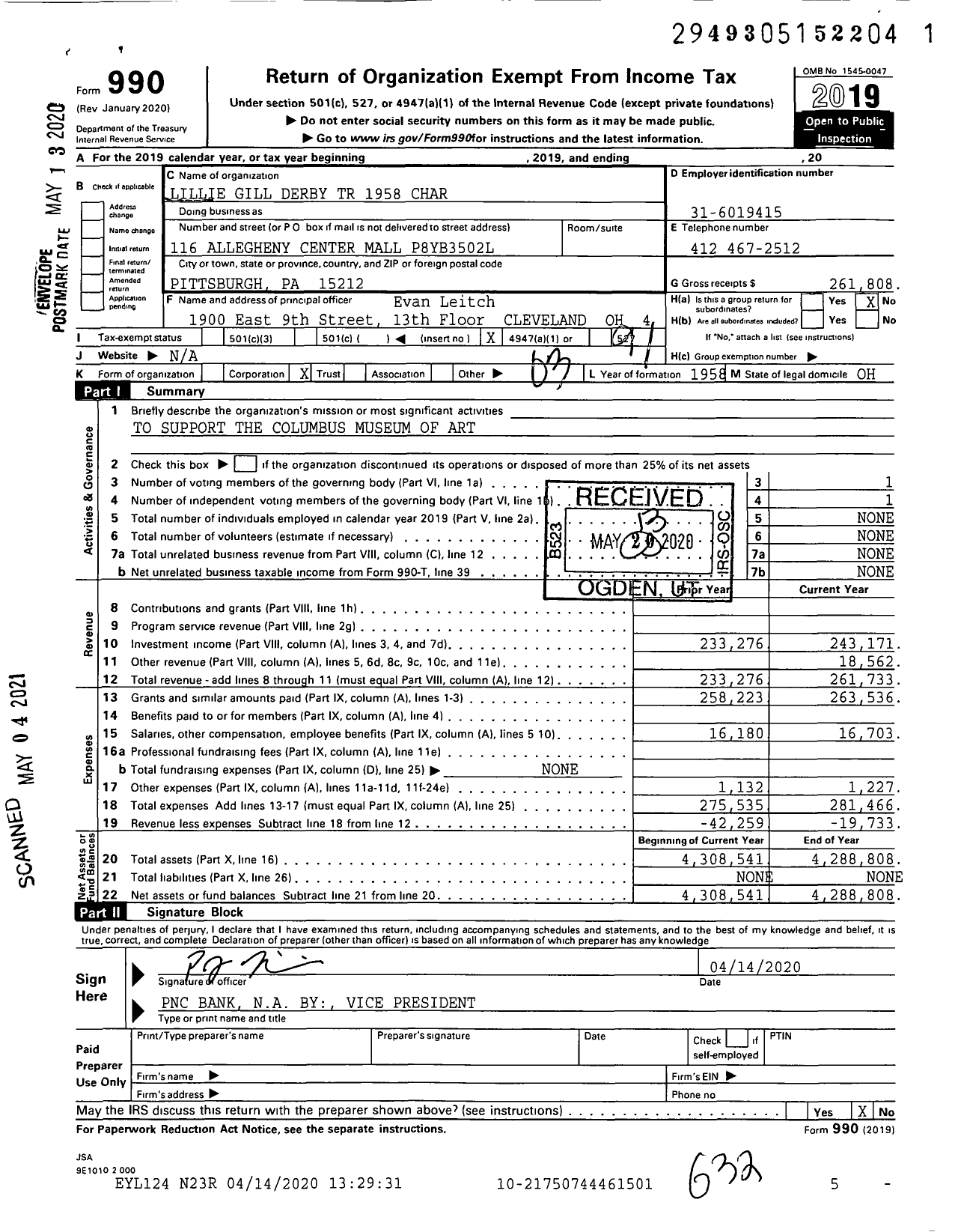 Image of first page of 2019 Form 990O for Lillie Gill Derby TR 1958 Char