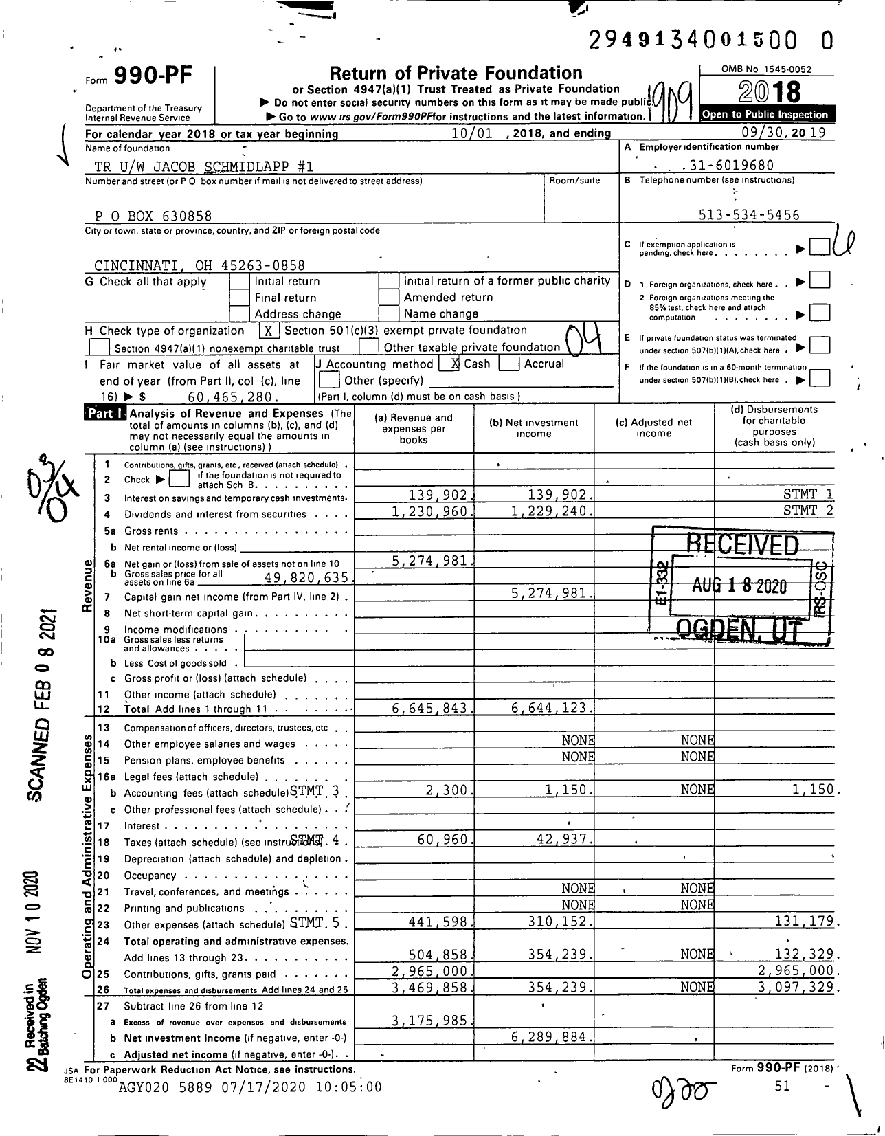 Image of first page of 2018 Form 990PF for TR Uw Jacob Schmidlapp #1