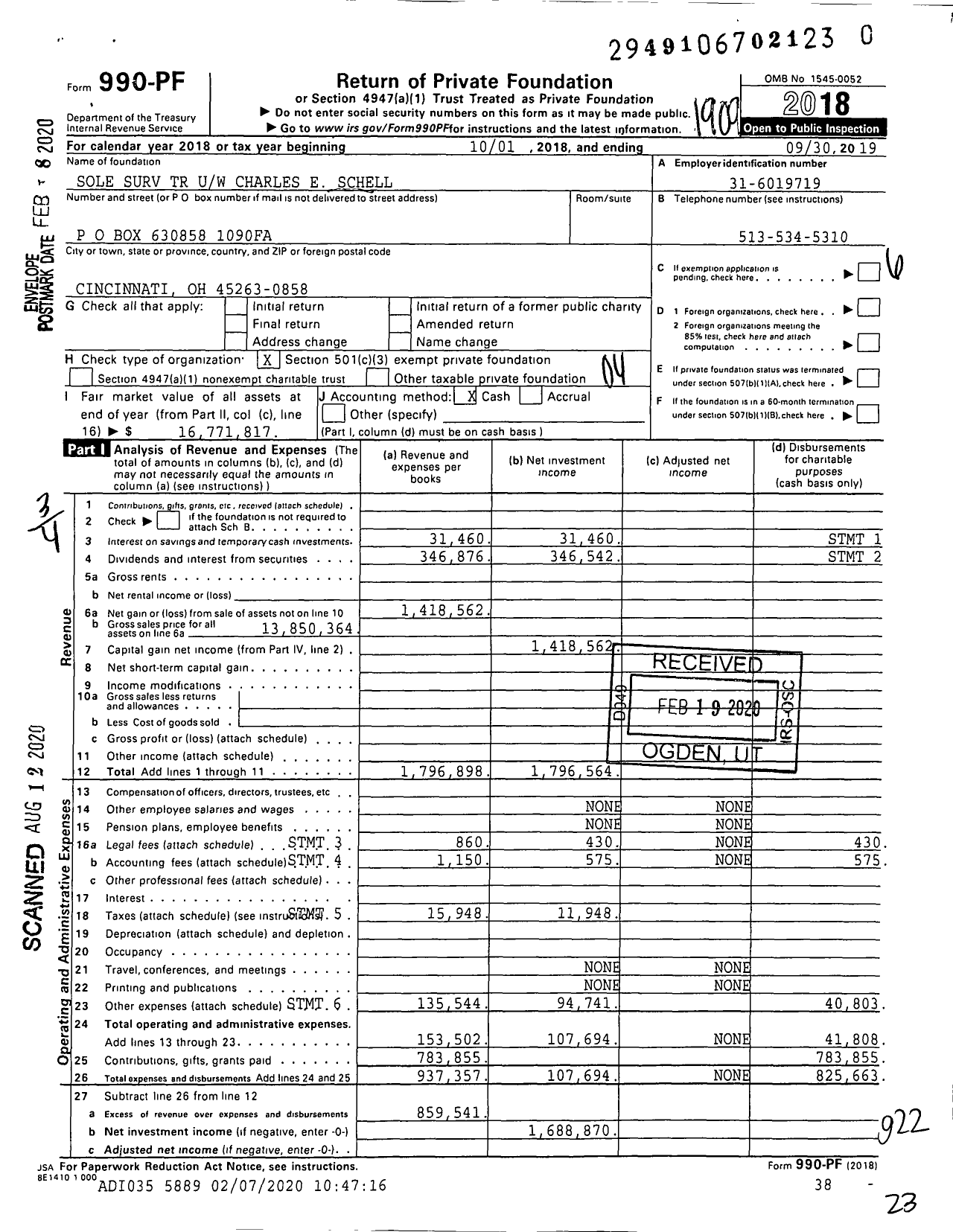 Image of first page of 2018 Form 990PR for Sole Surv TR Uw Charles E Schell