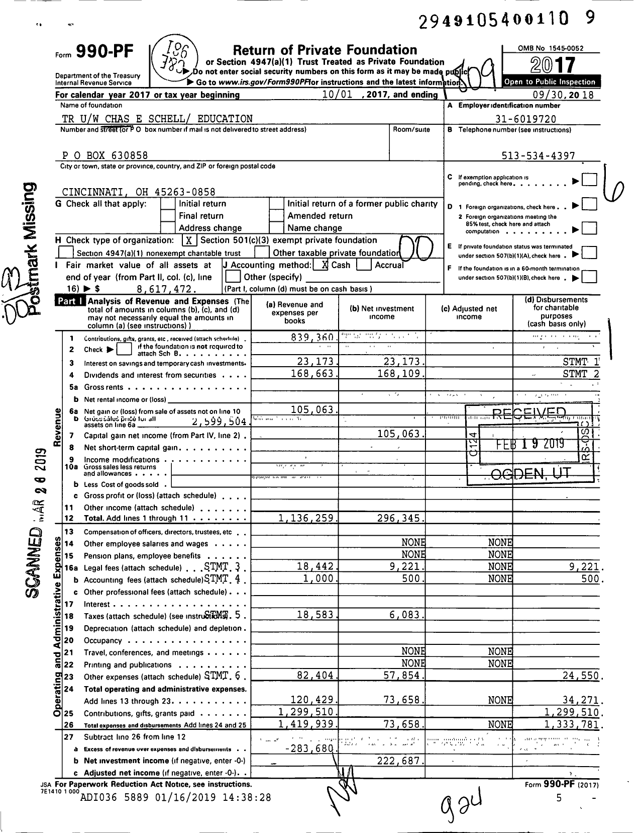 Image of first page of 2017 Form 990PF for TR Uw Chas E Schell Education