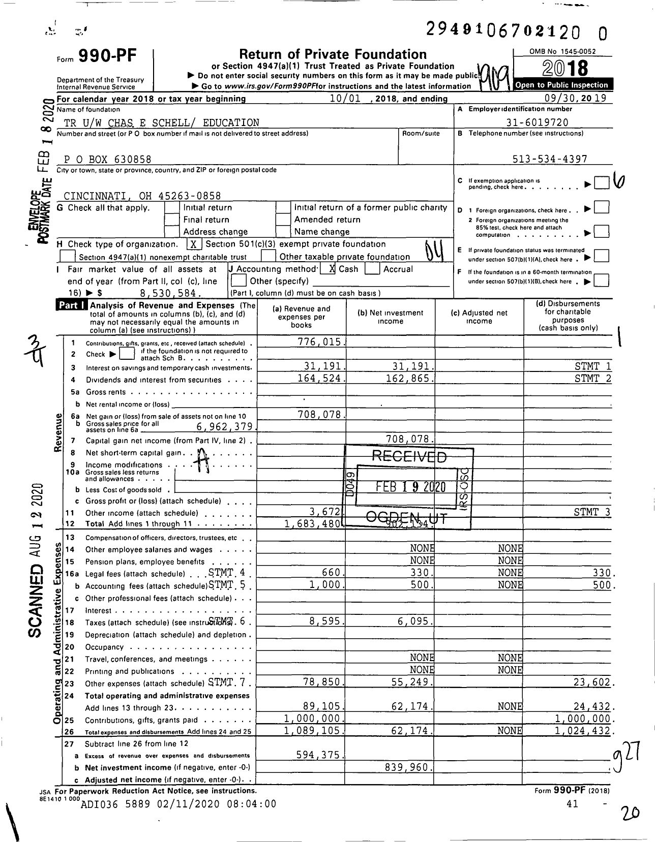 Image of first page of 2018 Form 990PR for TR Uw Chas E Schell Education