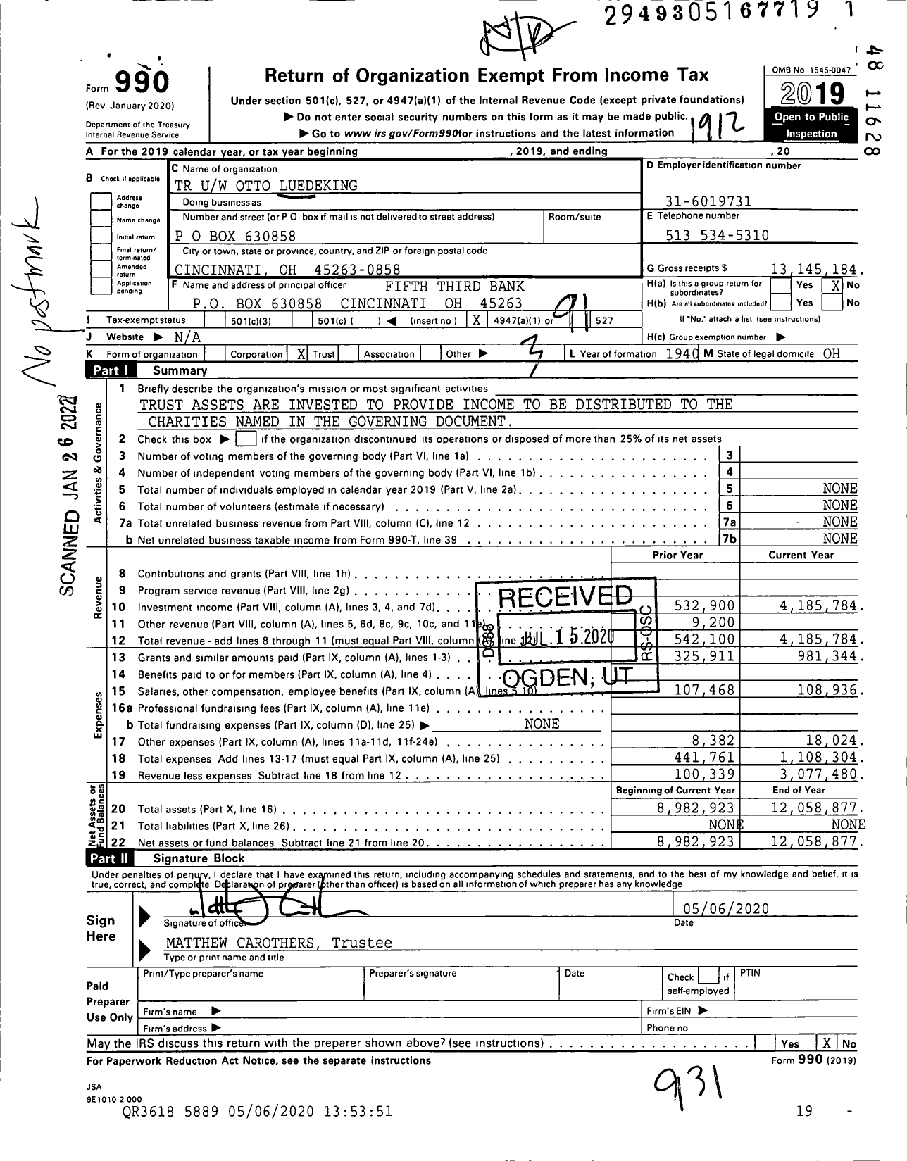 Image of first page of 2019 Form 990O for TR Uw Otto Luedeking