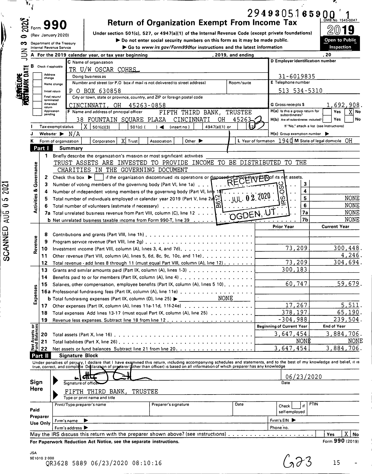 Image of first page of 2019 Form 990 for TR Uw Oscar Cohrs