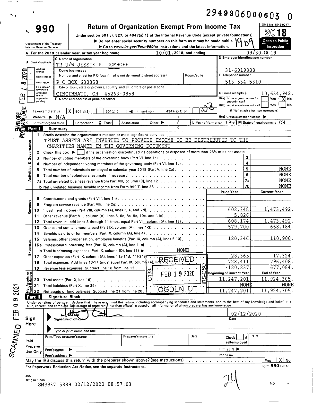 Image of first page of 2018 Form 990 for TR Uw Jessie P Domhoff