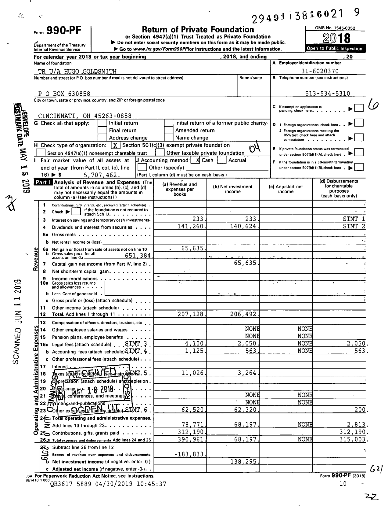 Image of first page of 2018 Form 990PF for TR Hugo Goldsmith